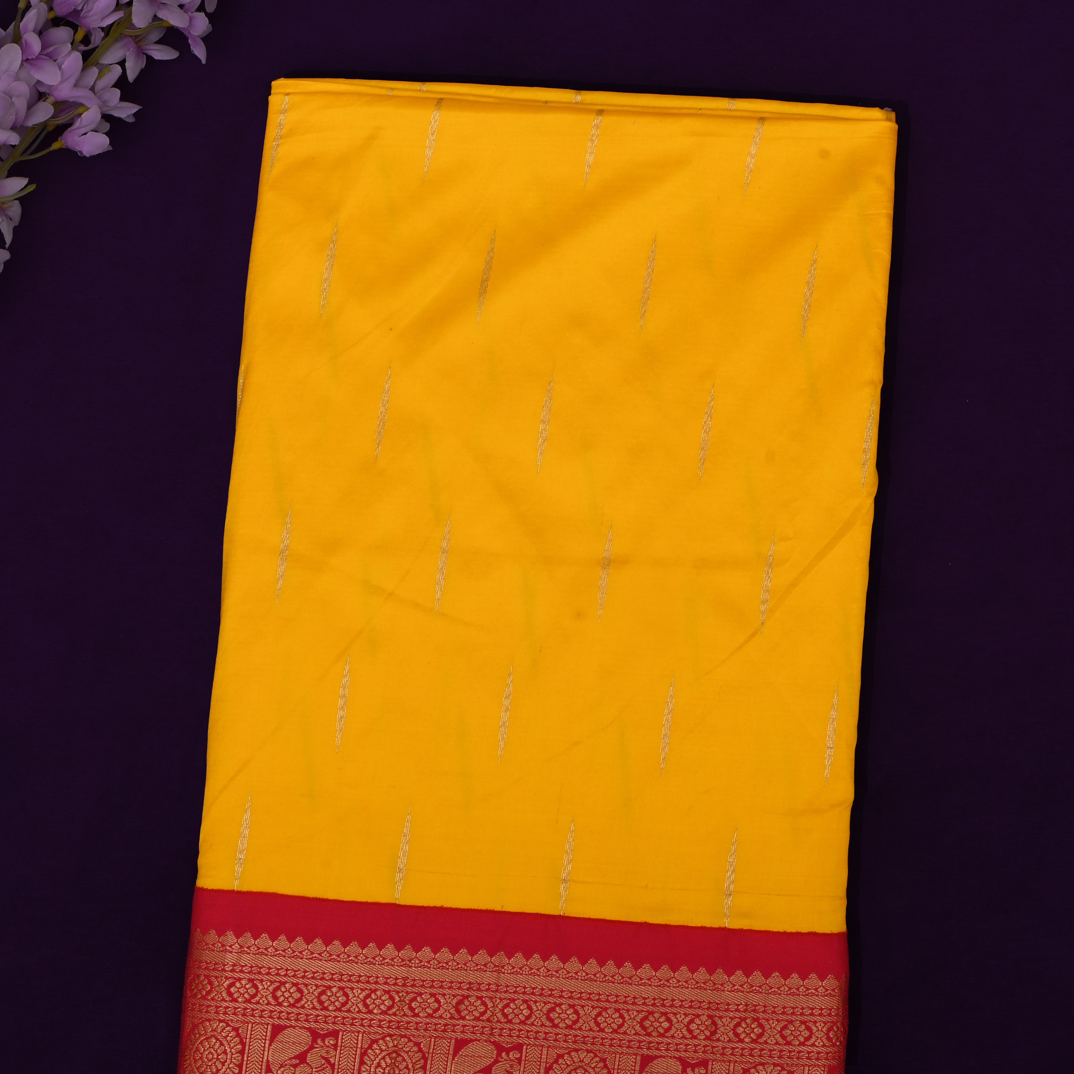 Yellow Orange Silk Fabric With Banarasi Border