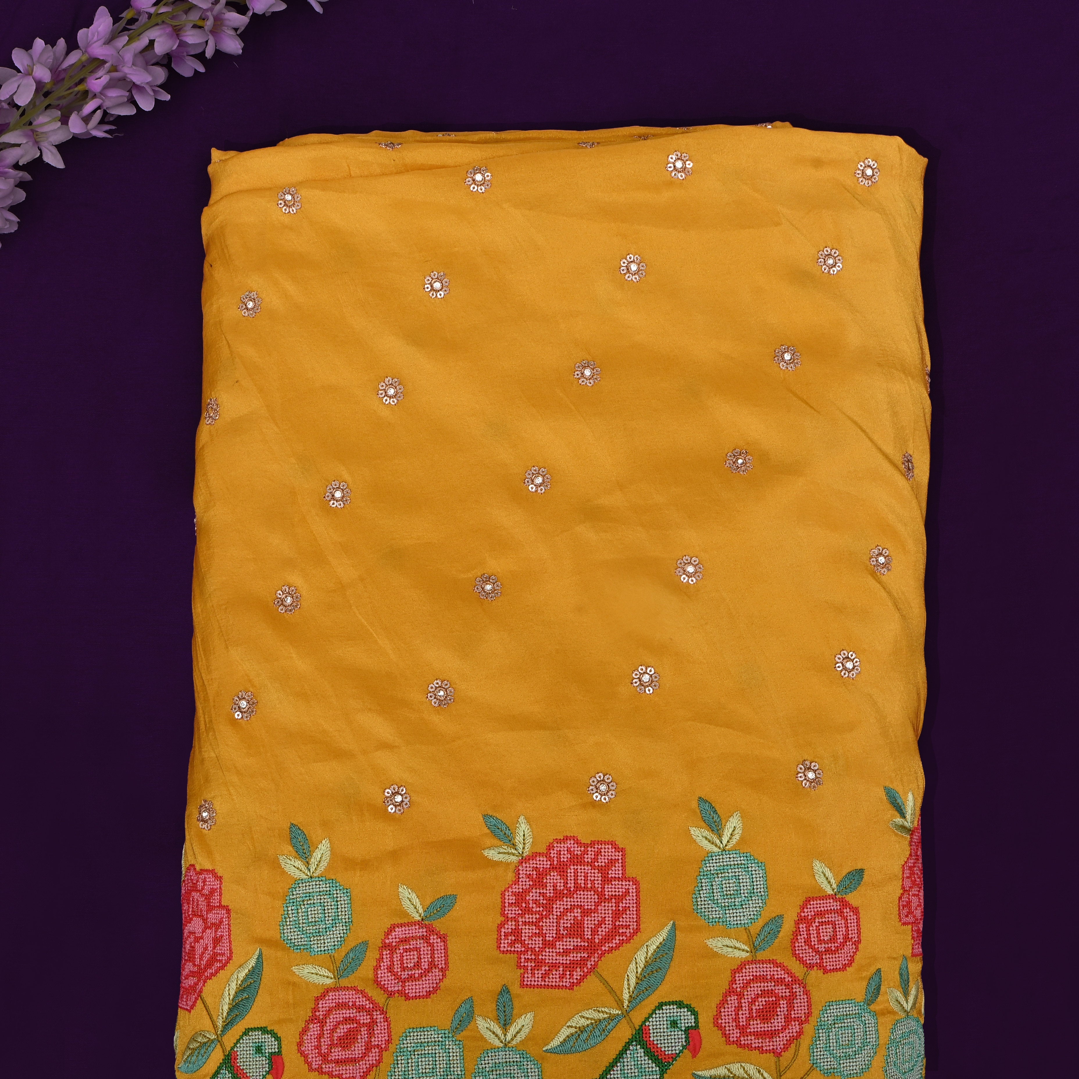 Mustard Yellow Tissue Fabric With Petit Point Embroidery