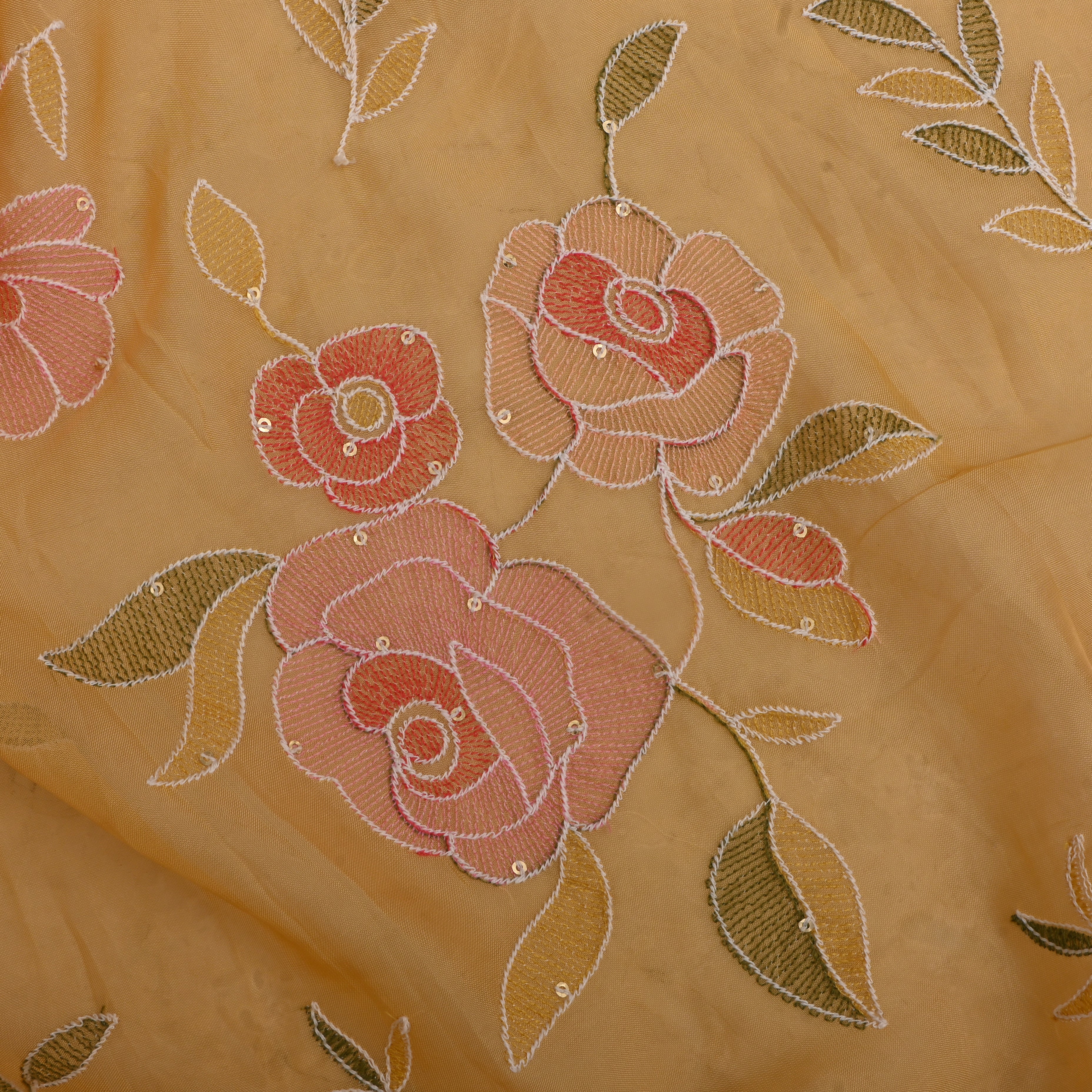 Gamboge Yellow Organza Fabric With Embroidery