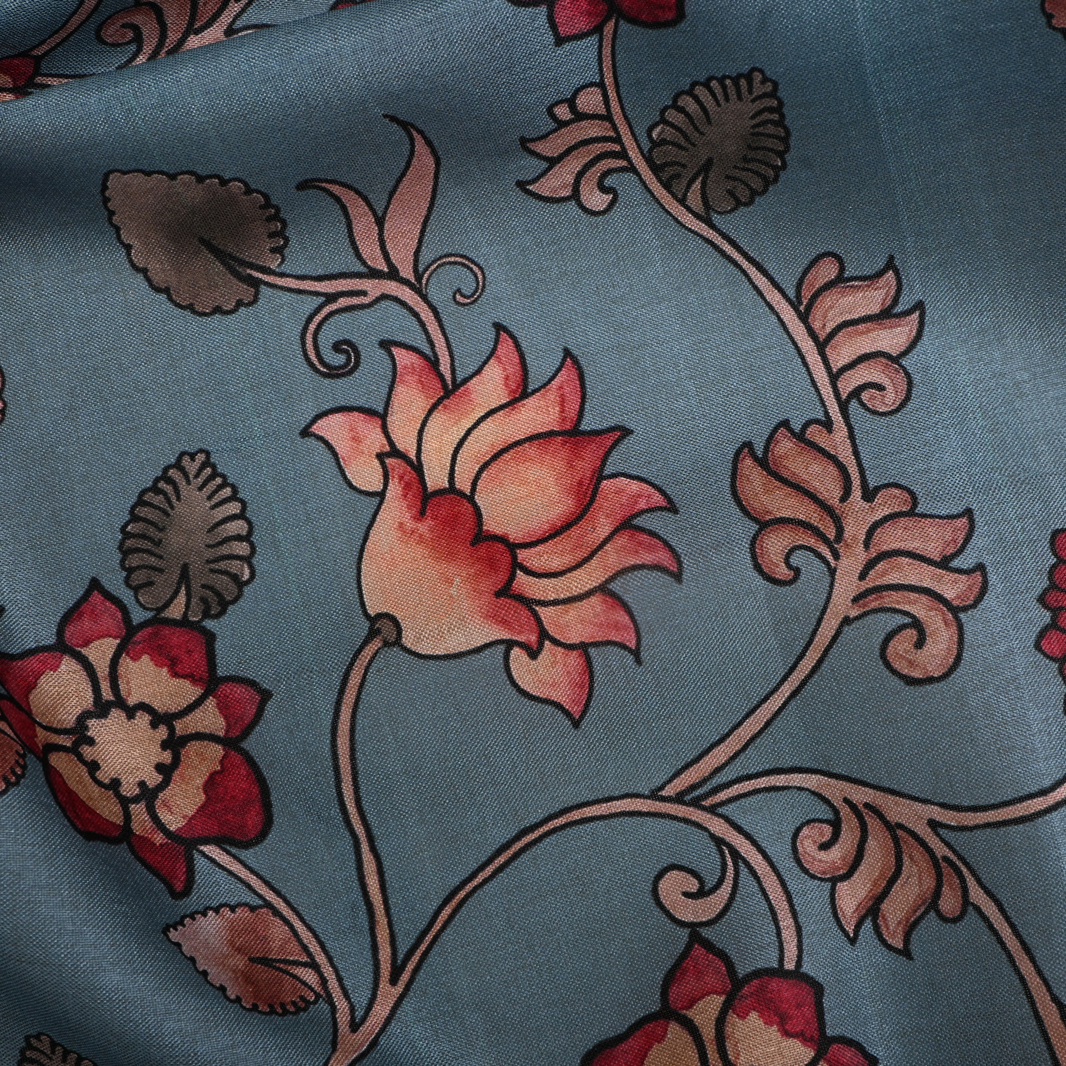 Soft Cyan Tussar Fabric With Digital Print