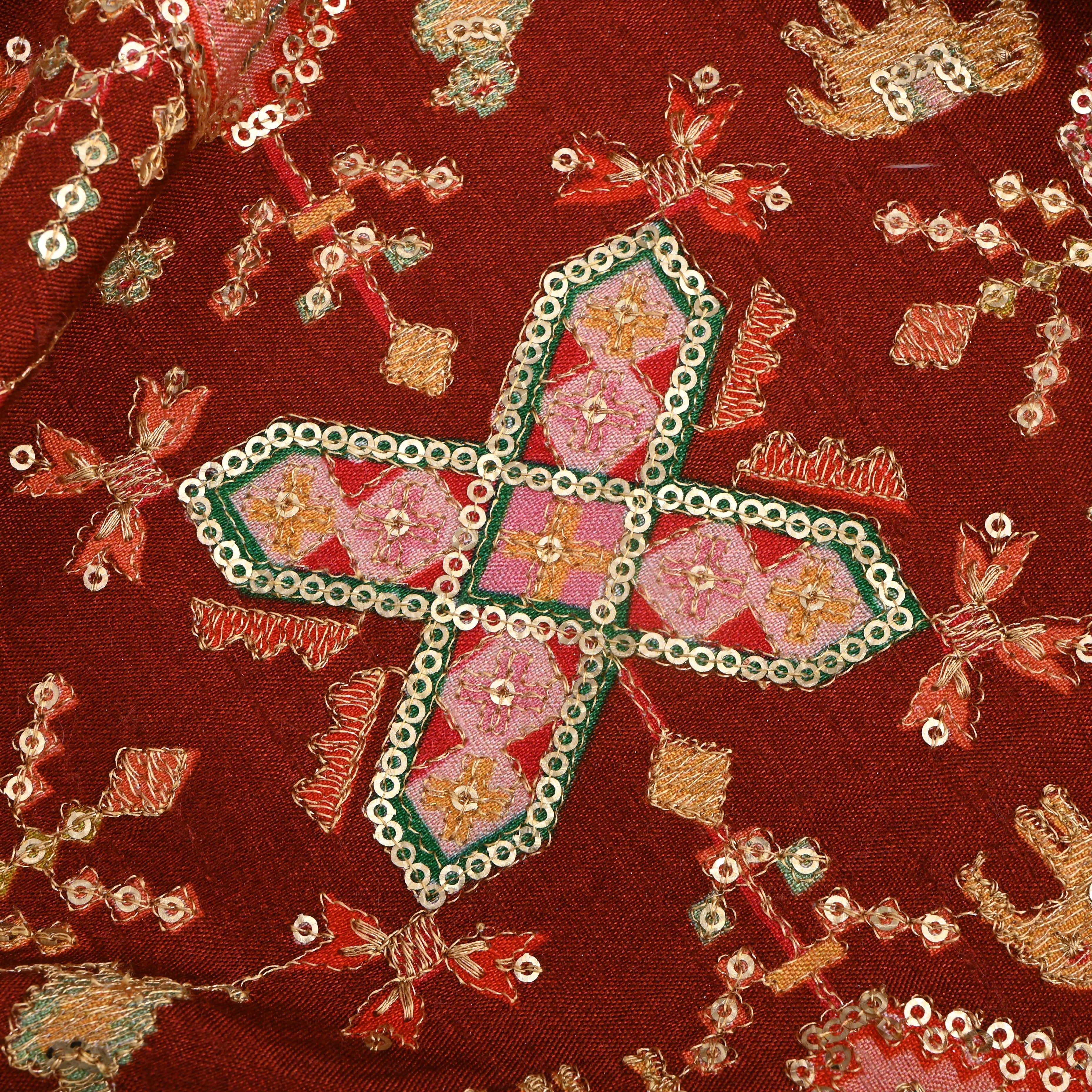 Chestnut Brown Silk Fabric With Printed Embroidery