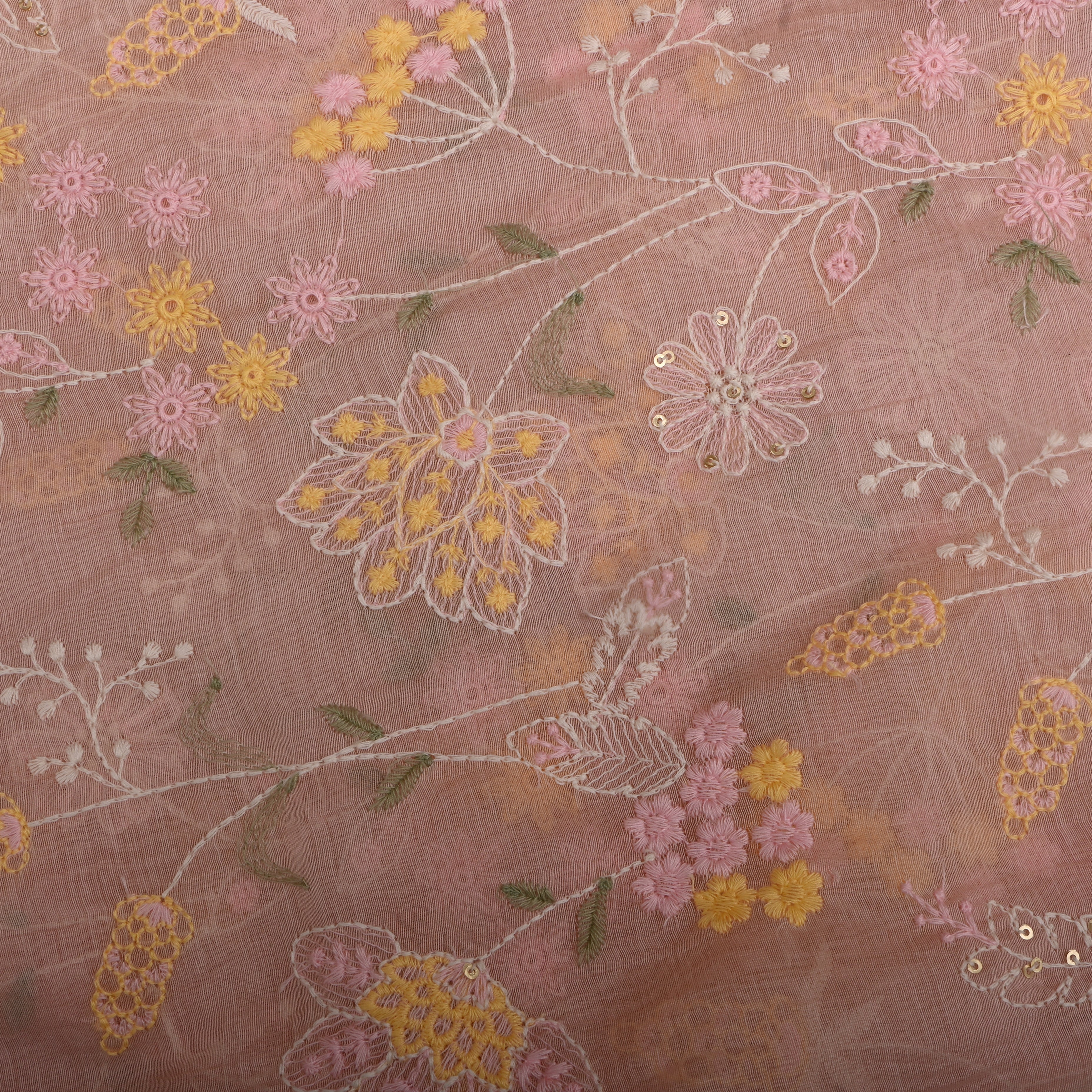 Soft Peach Mul Chanderi Fabric With Embroidery