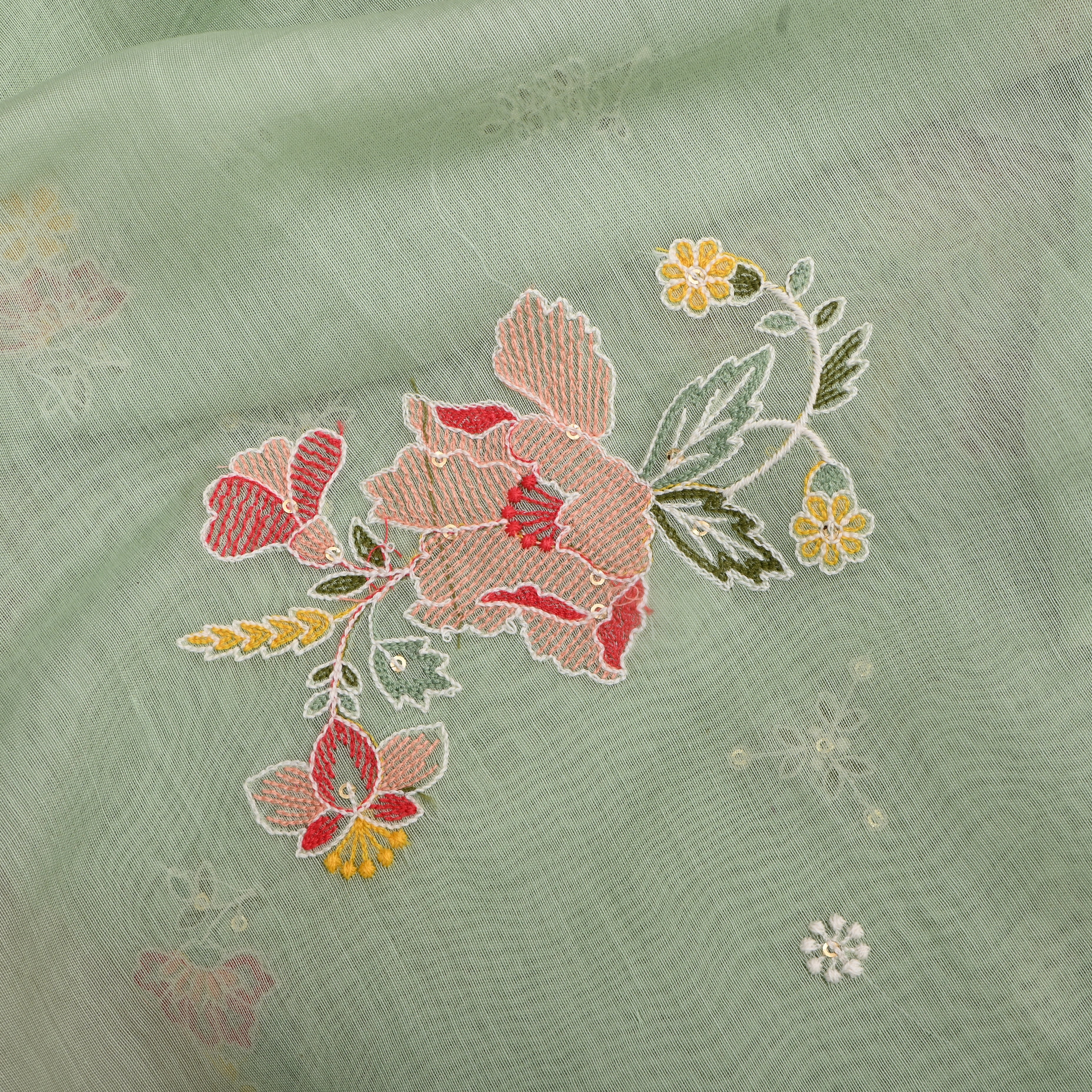 Dark Sea Green Chanderi Fabric With Embroidery