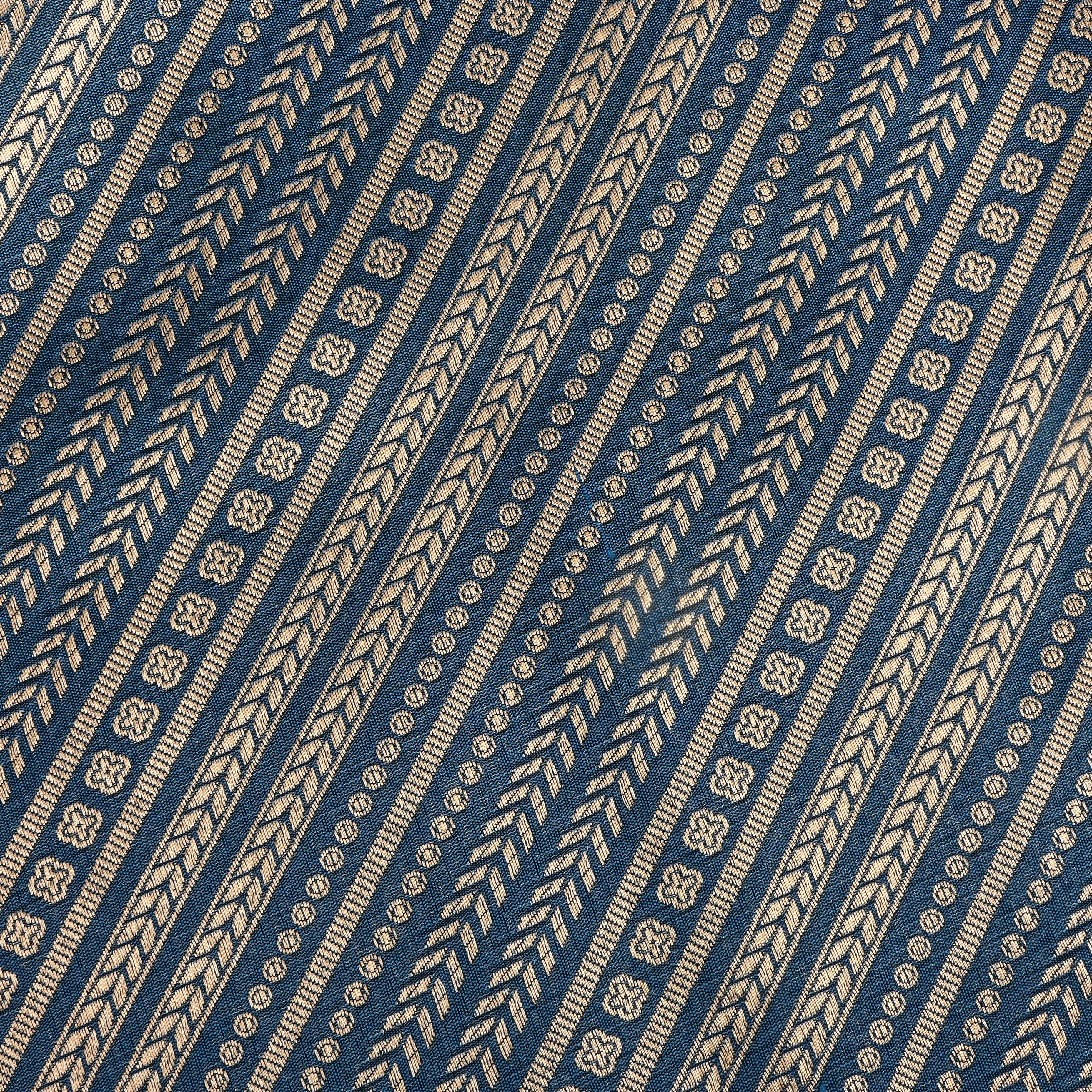 Navy Blue Jamawar Silk Fabric With Diagonal Stripes