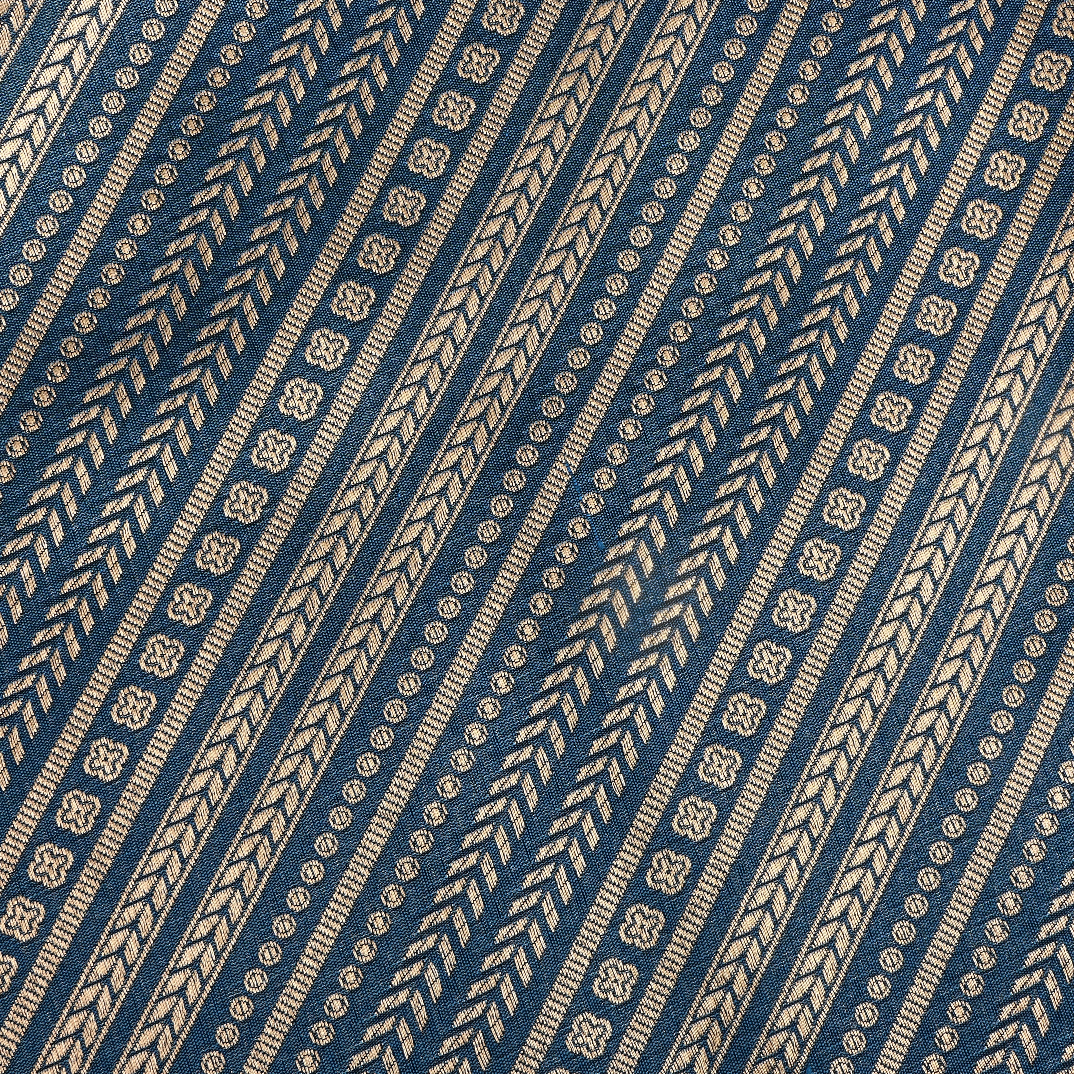 Navy Blue Jamawar Silk Fabric With Diagonal Stripes