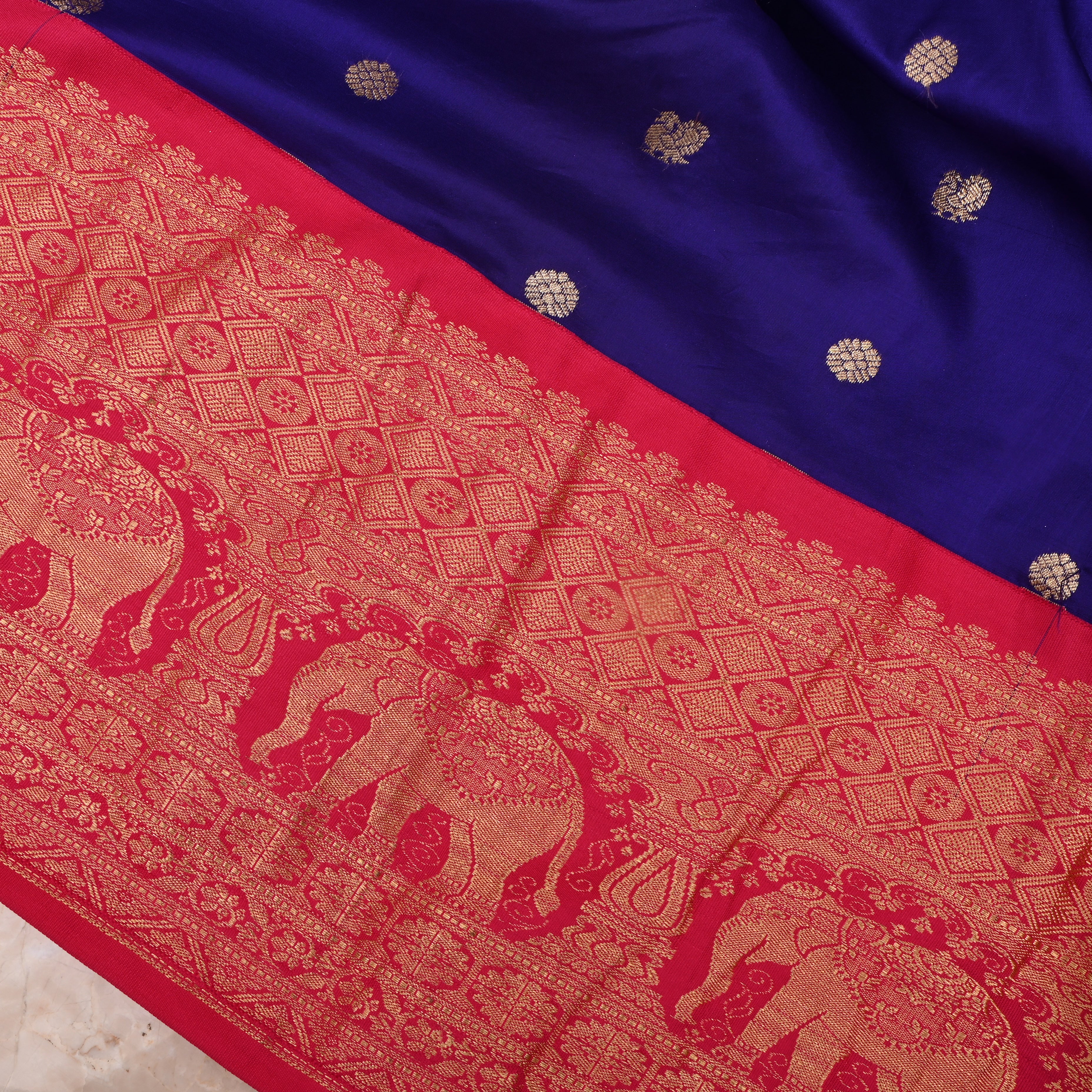 Dark Indigo Jamawar Silk Fabric With Motifs