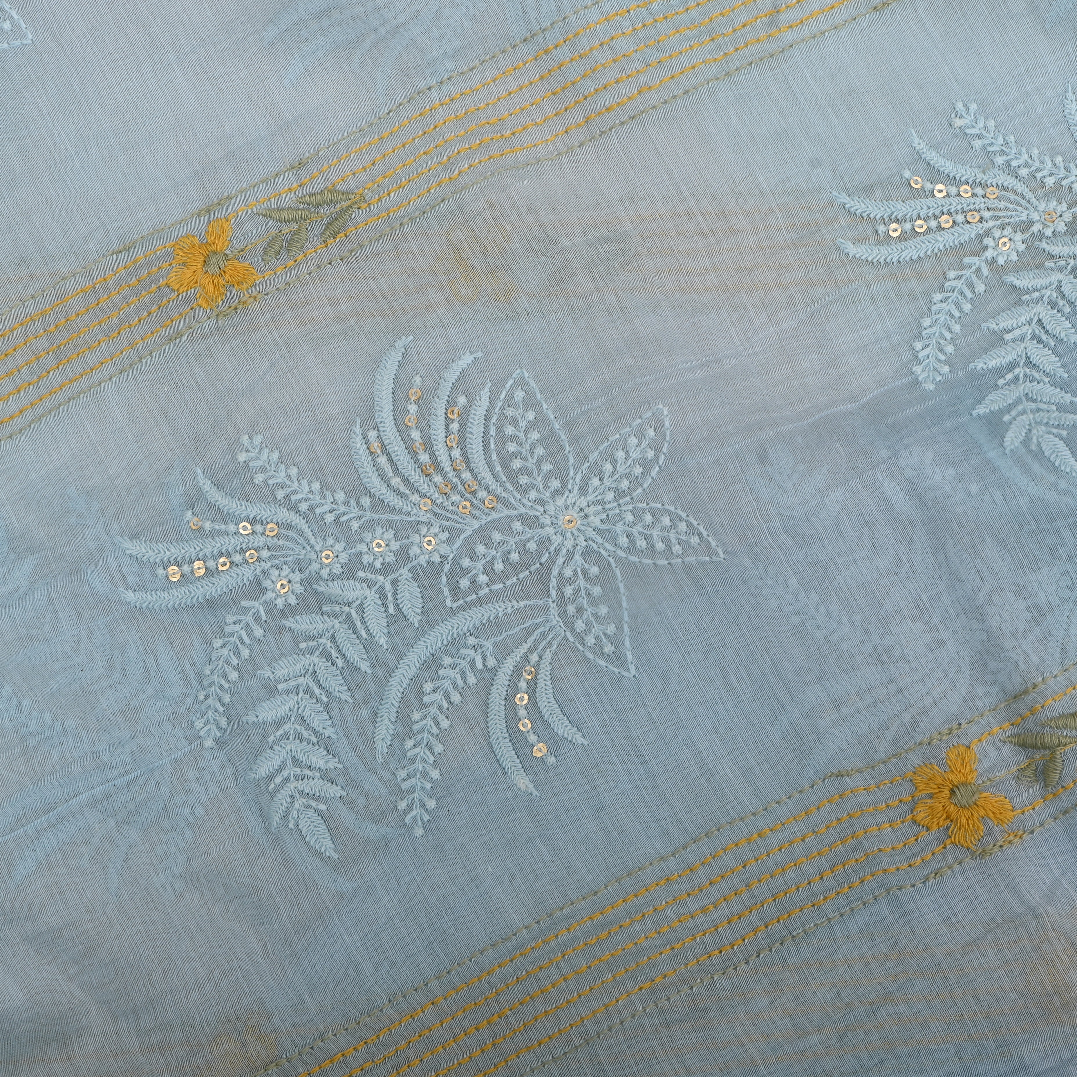 Light Greyish Blue Chanderi Fabric With Embroidery