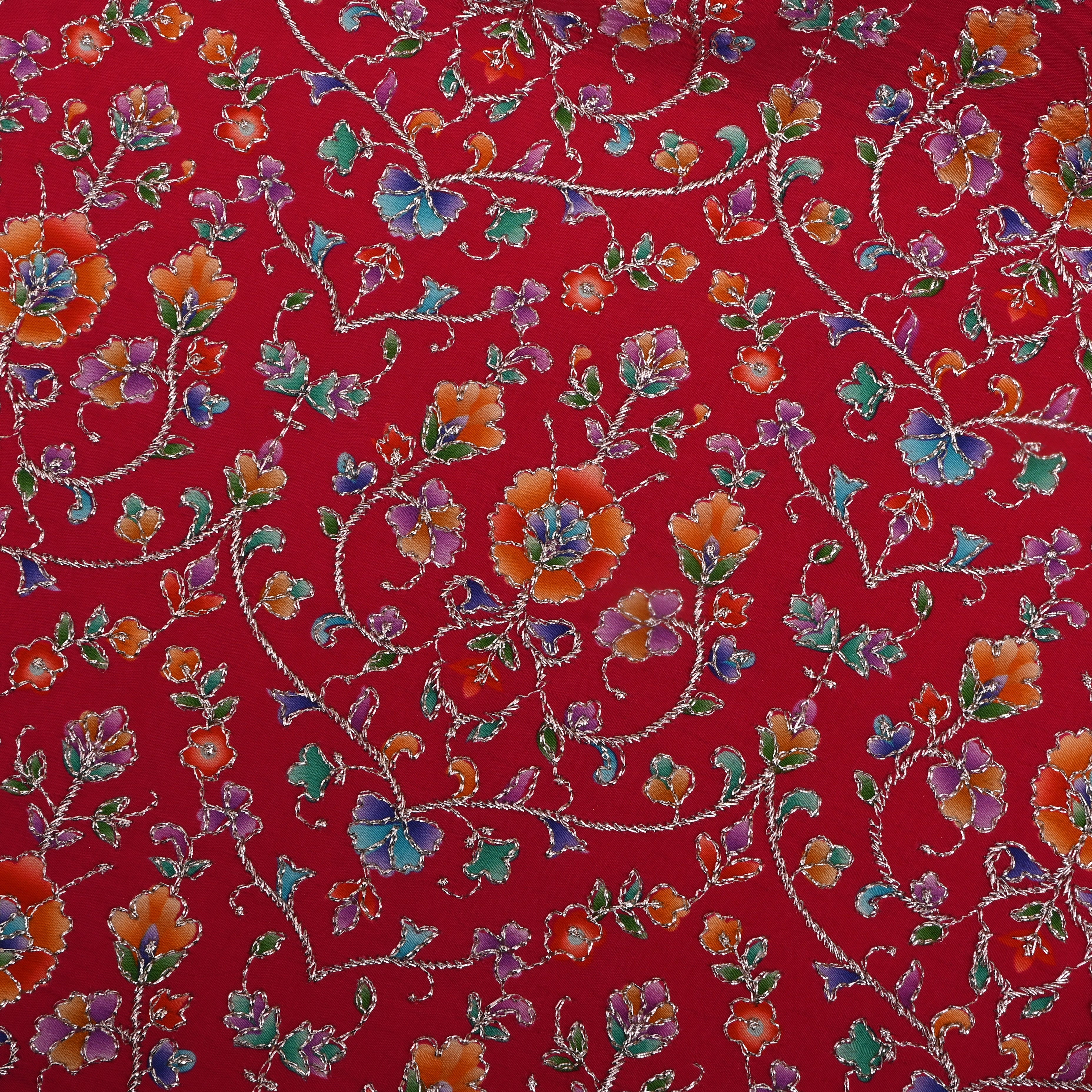 Cherry Red Organza Fabric With Printed Embroidery