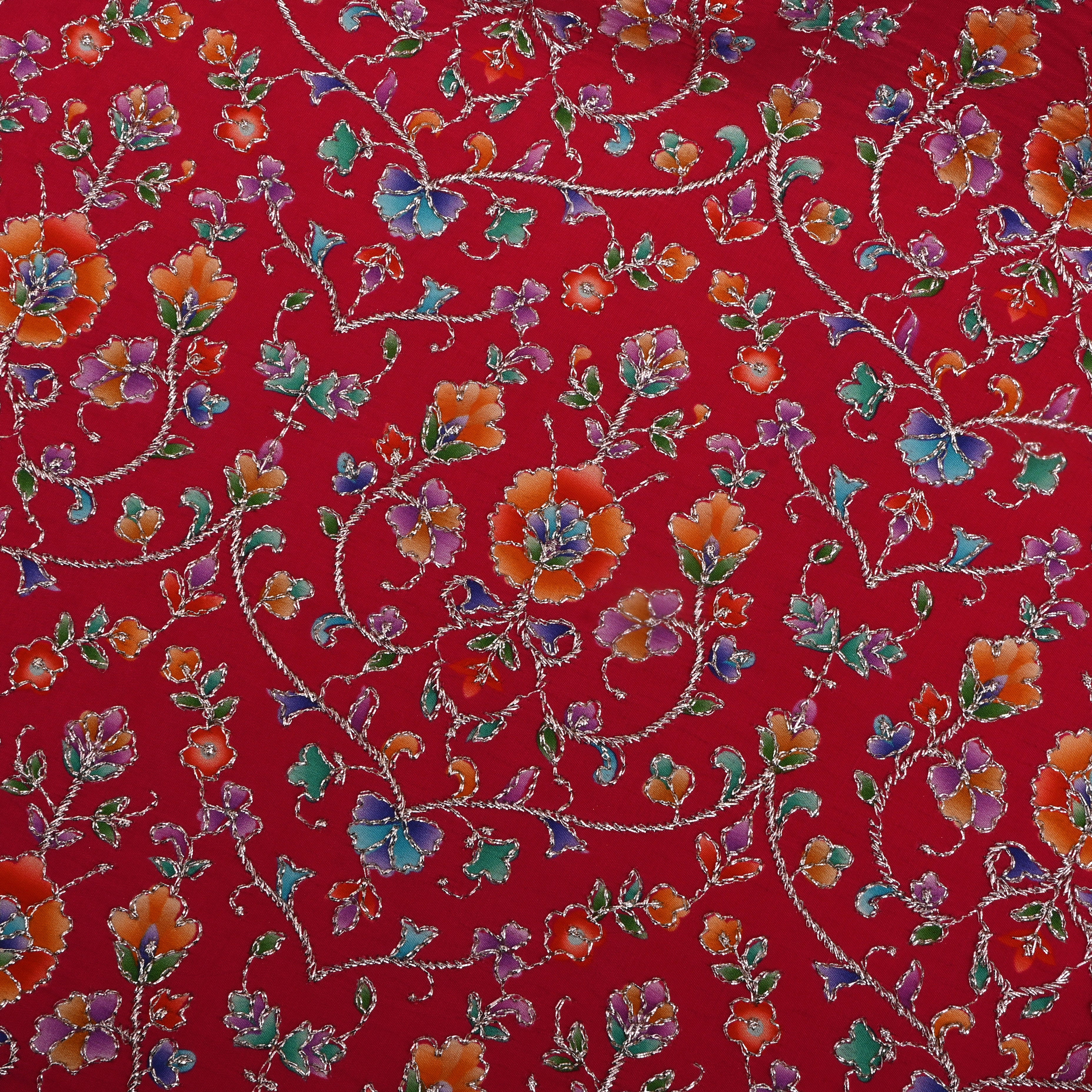 Cherry Red Organza Fabric With Printed Embroidery