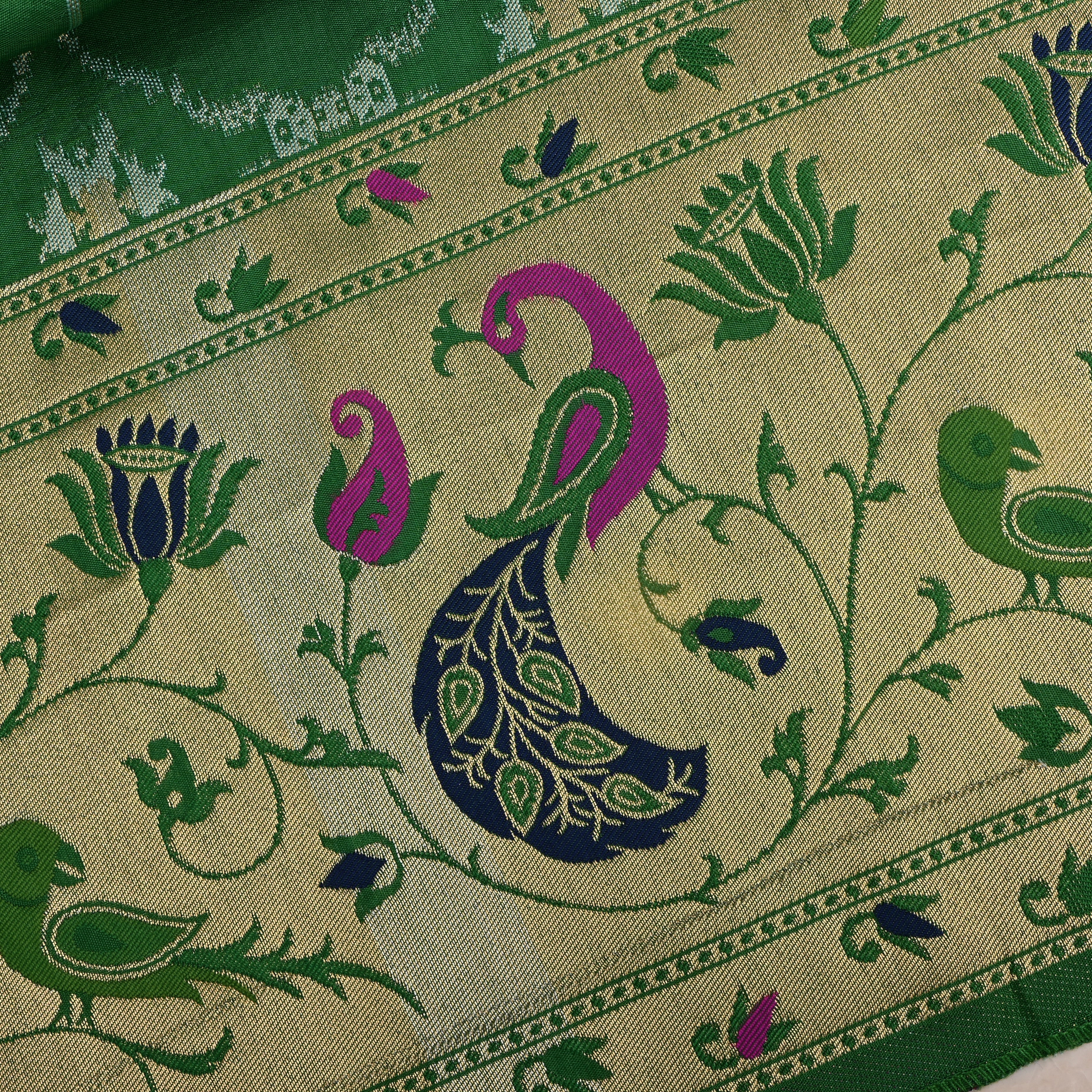 Parrot Green Banarasi Fabric With Paithani Border