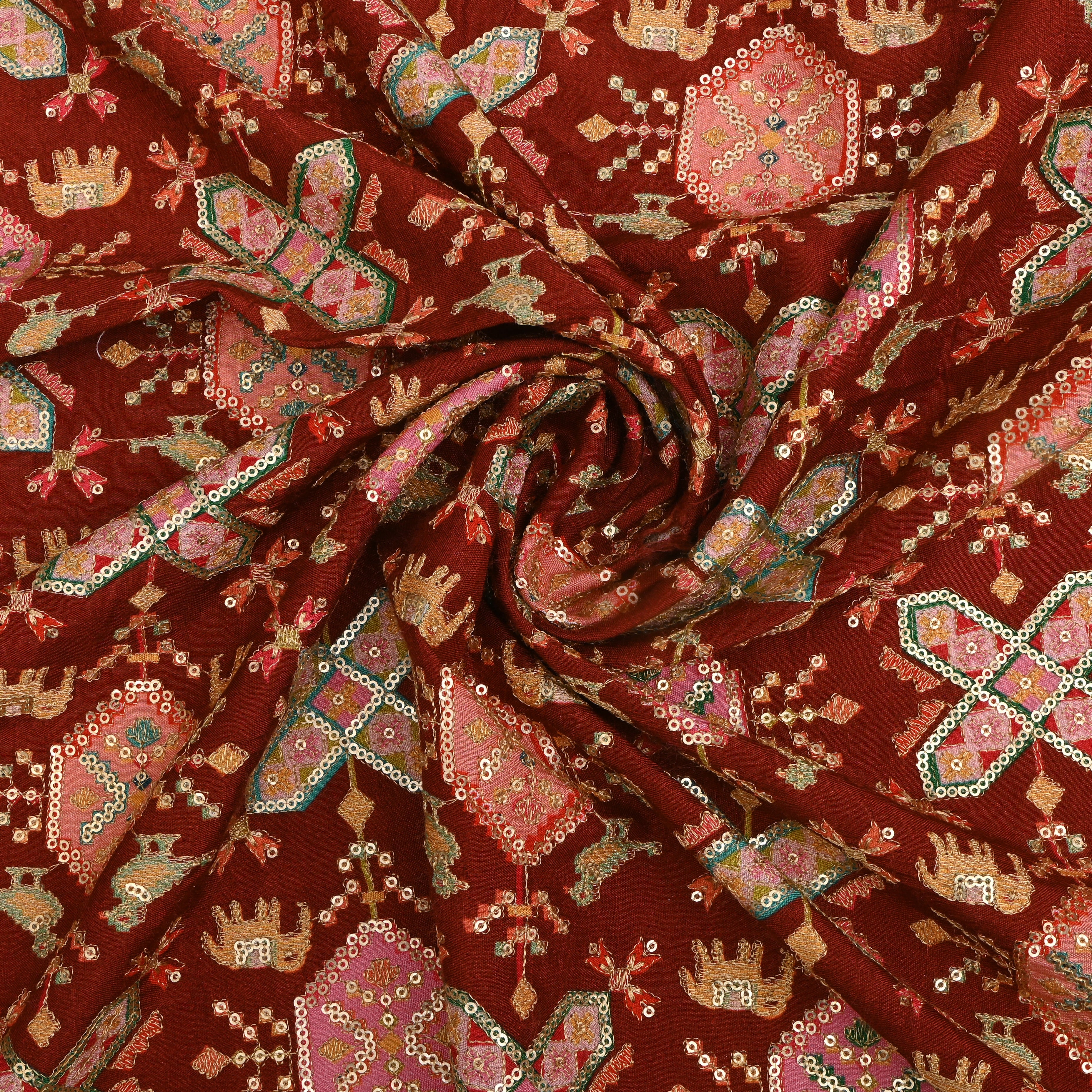 Chestnut Brown Silk Fabric With Printed Embroidery