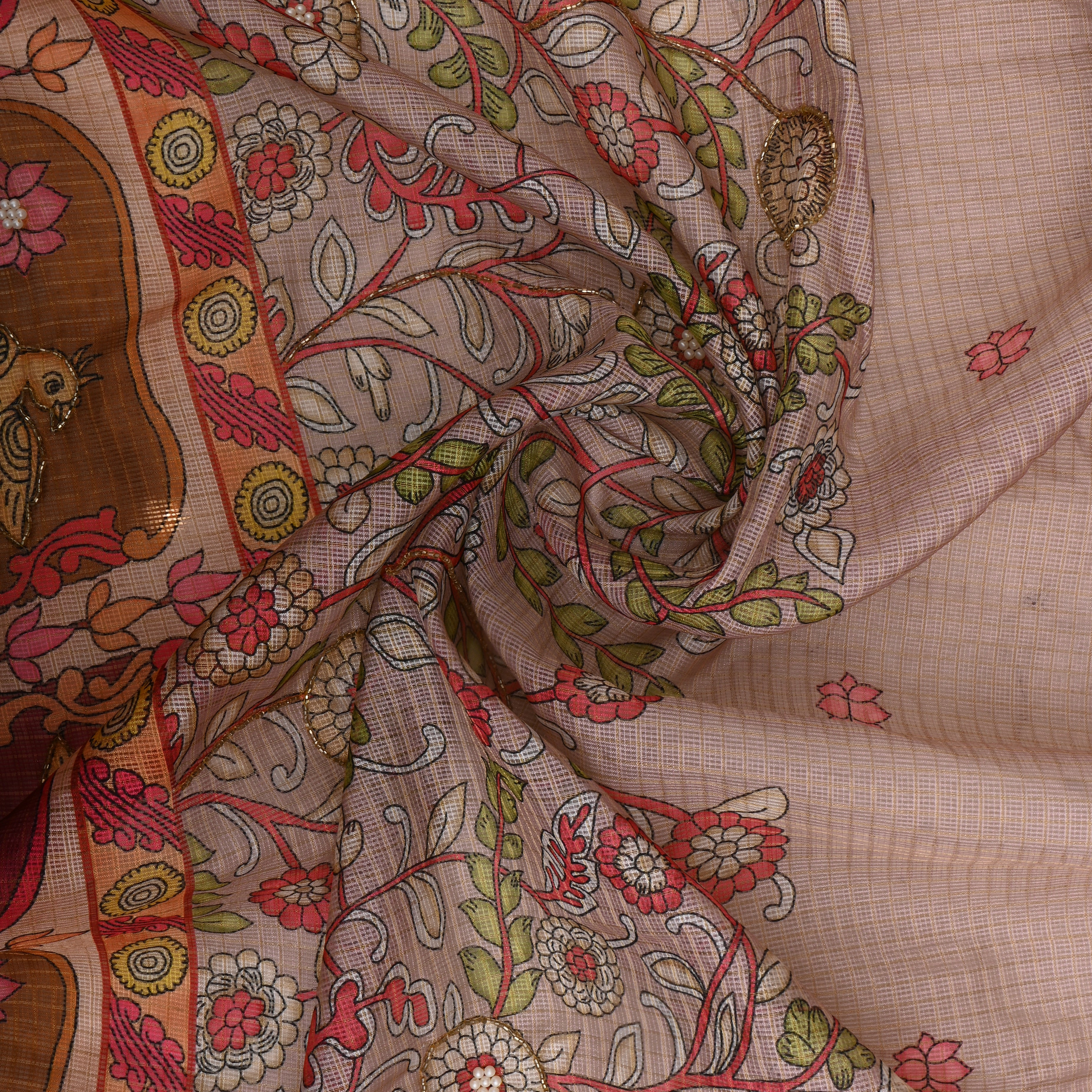Champagne Pink Kota Fabric With Printed Embroidery
