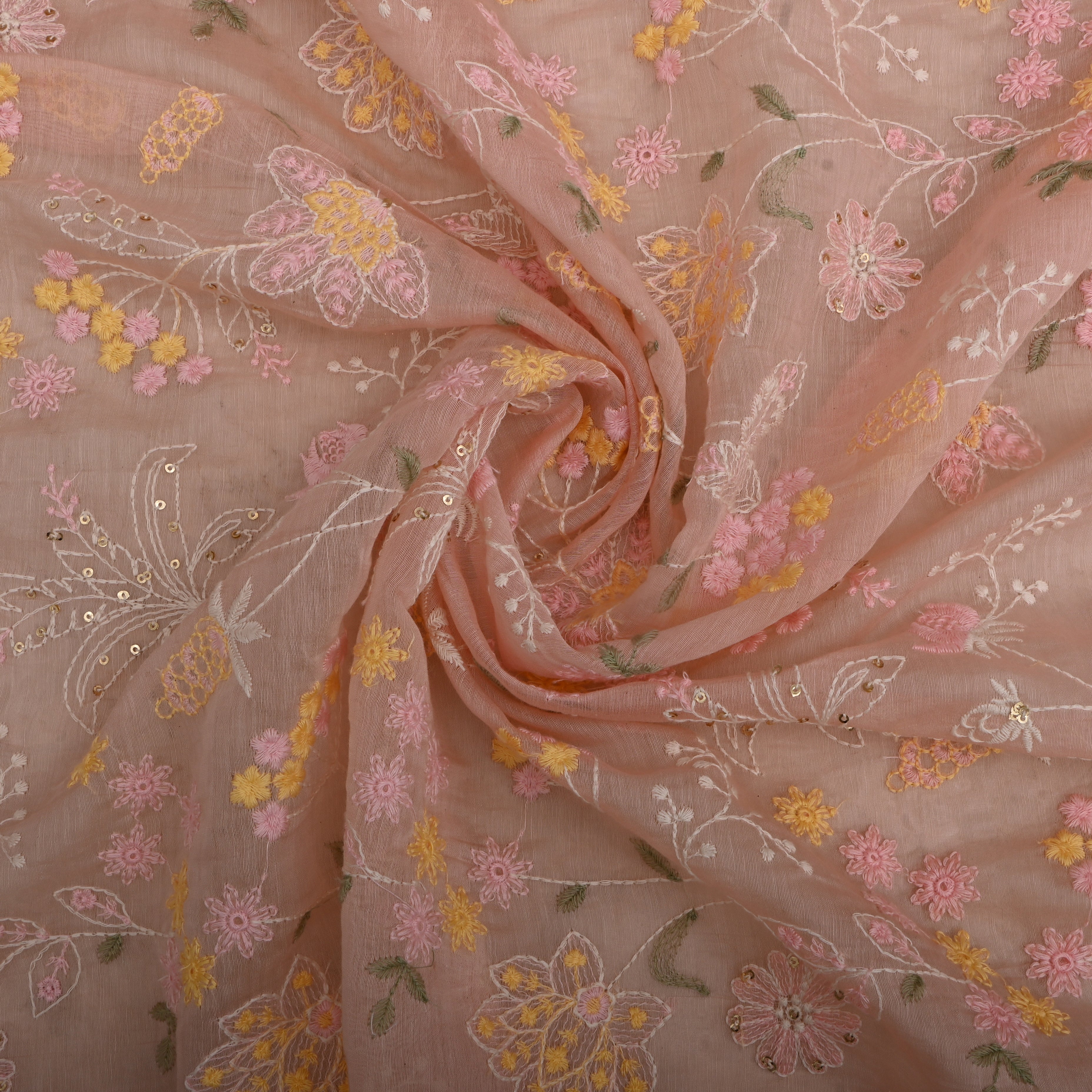 Soft Peach Mul Chanderi Fabric With Embroidery