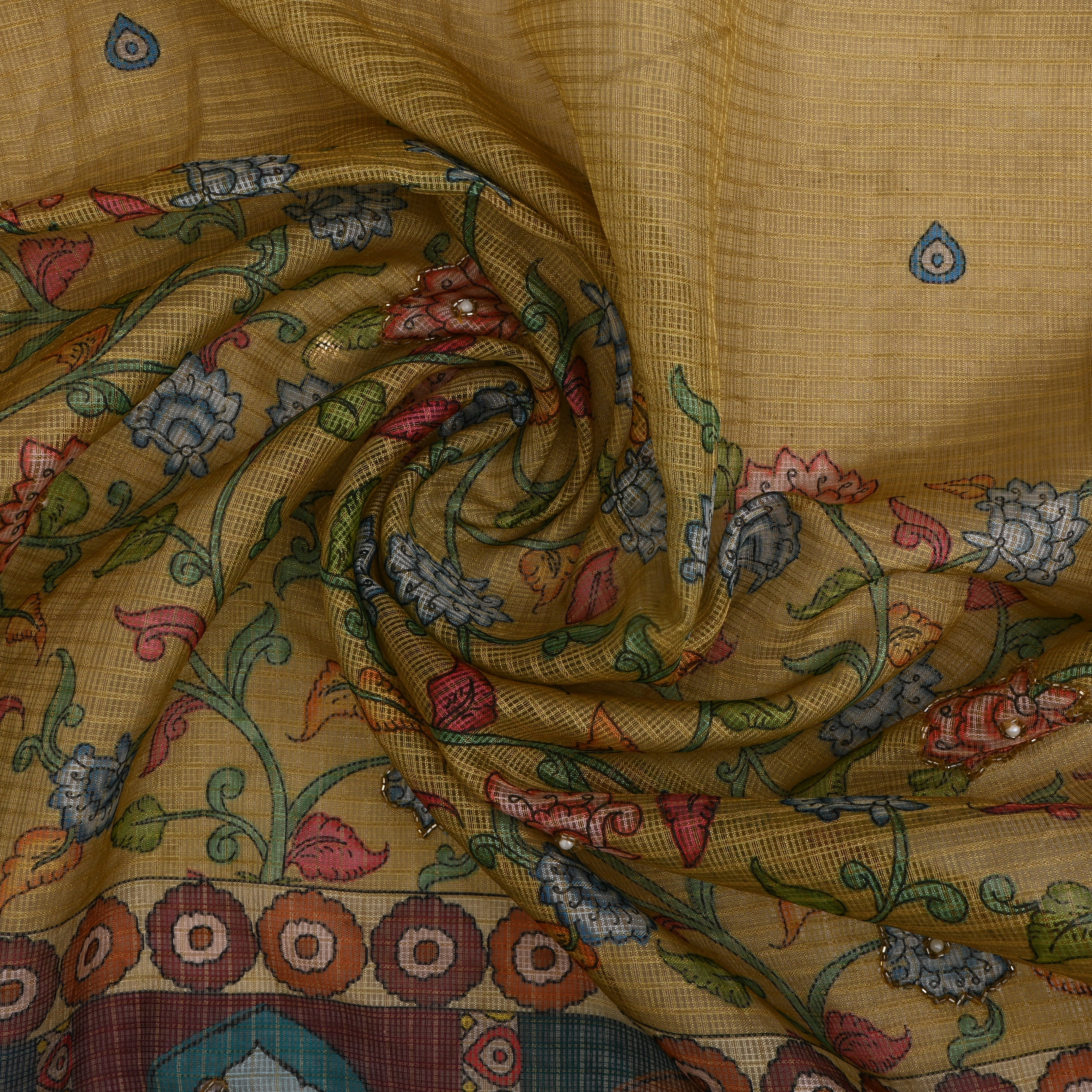Arylide Yellow Kili Border And Floral Embroidered Kota Fabric