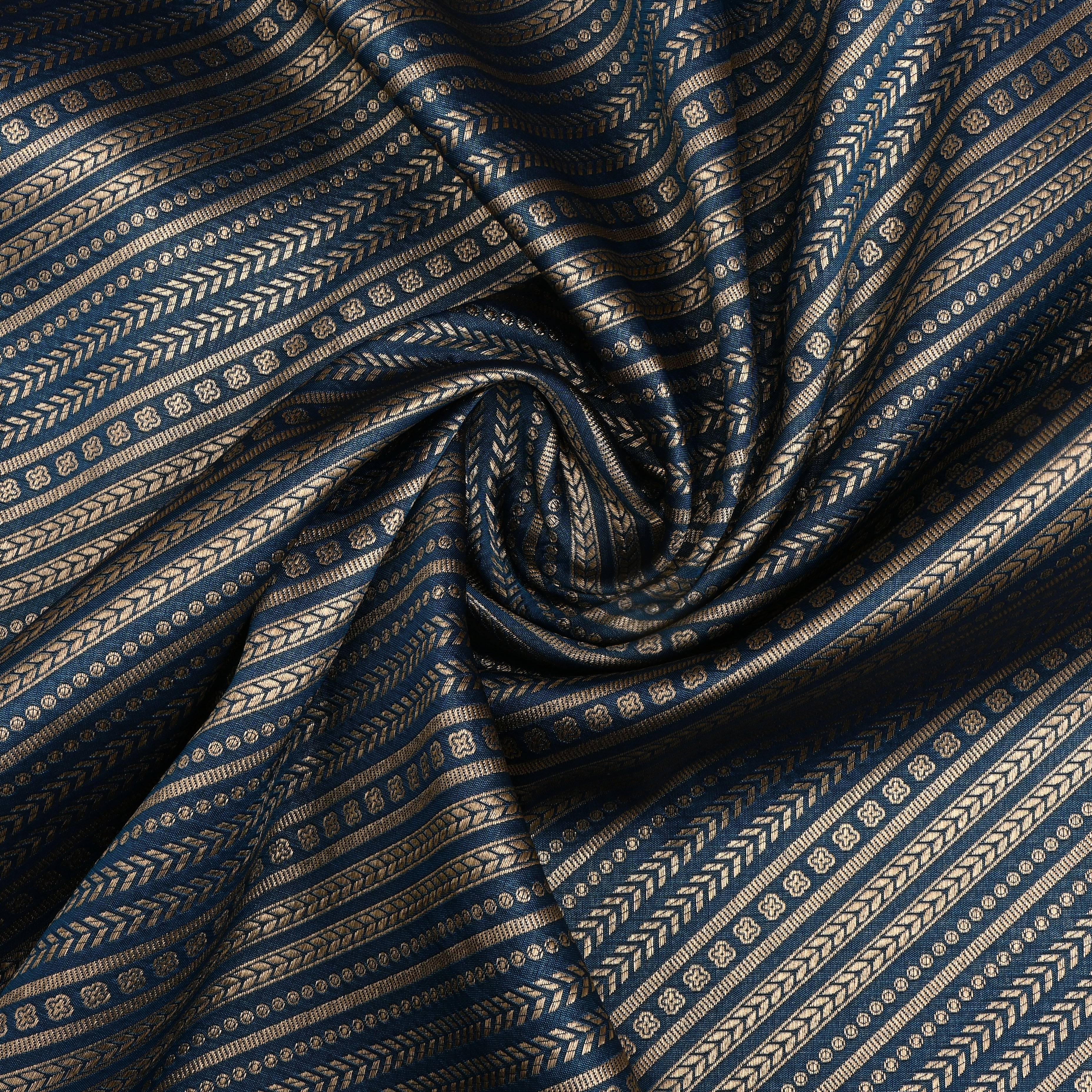 Navy Blue Jamawar Silk Fabric With Diagonal Stripes