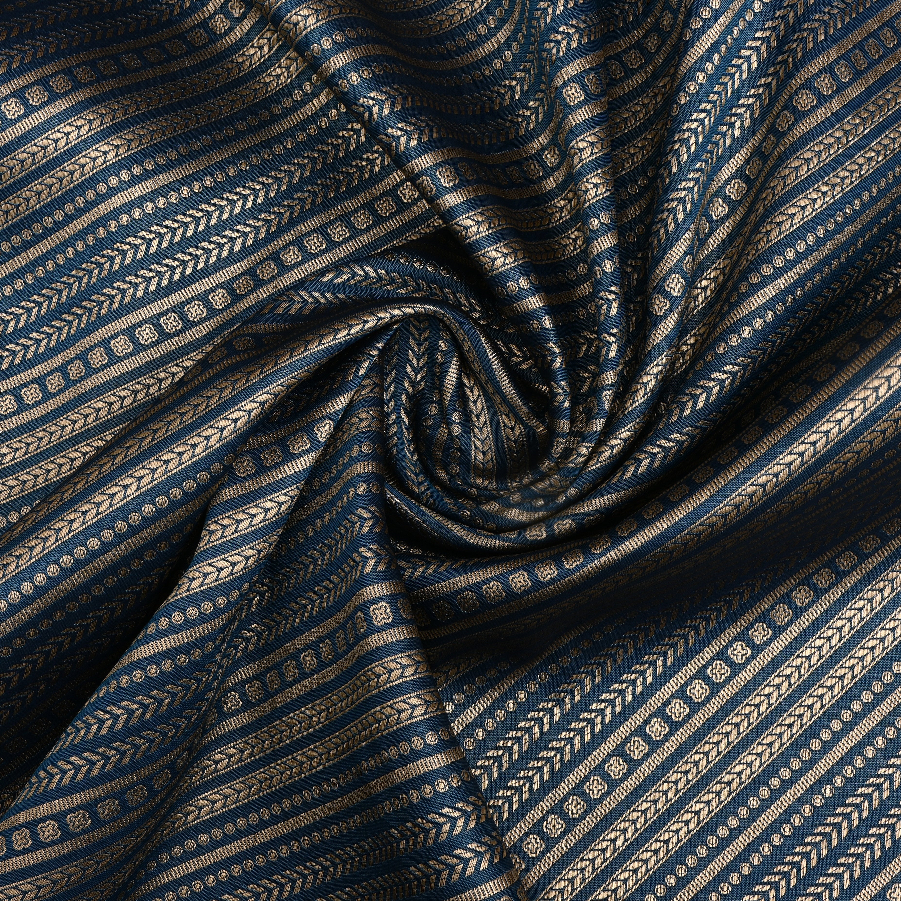 Navy Blue Jamawar Silk Fabric With Diagonal Stripes