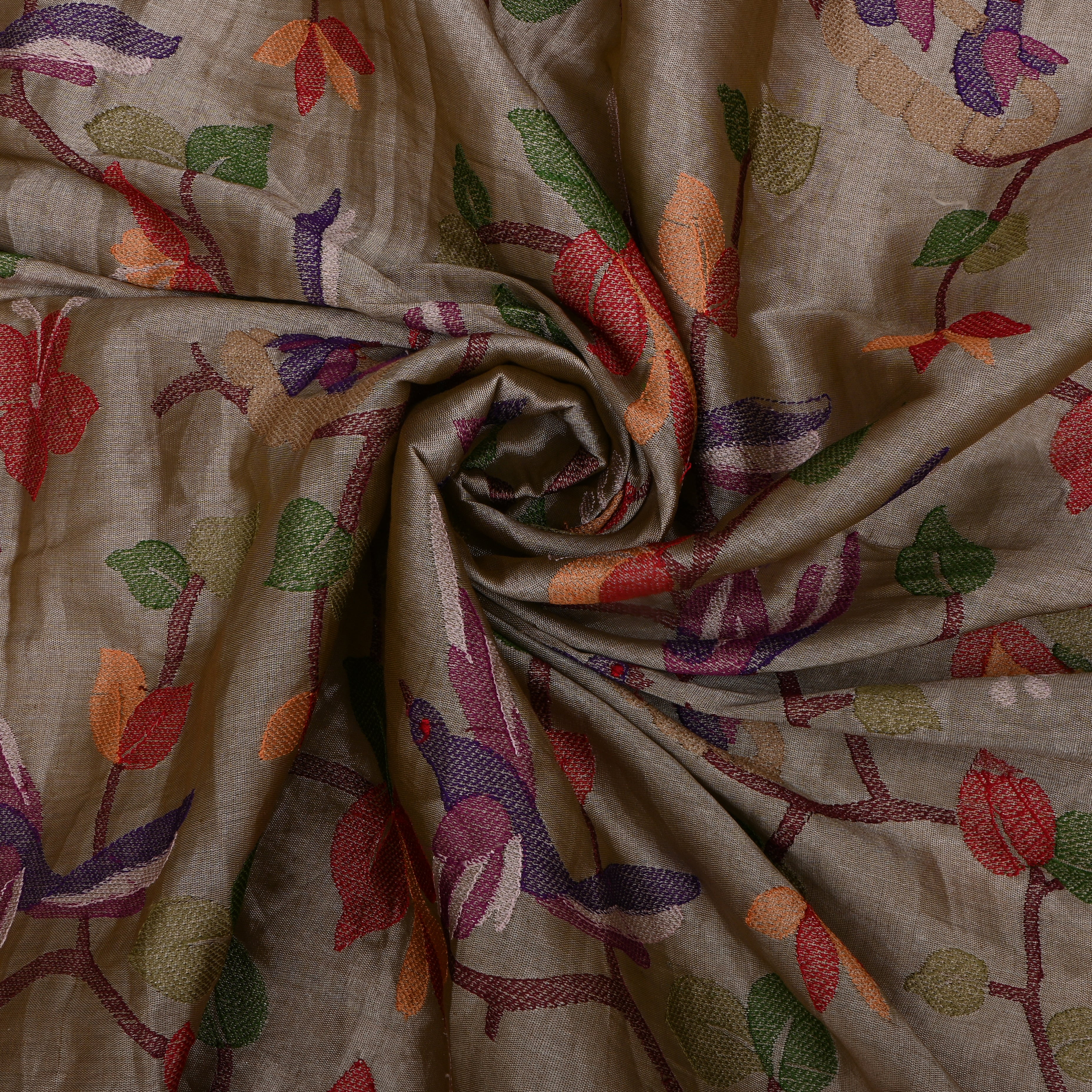 Stone Gray Tissue Fabric With Embroidery