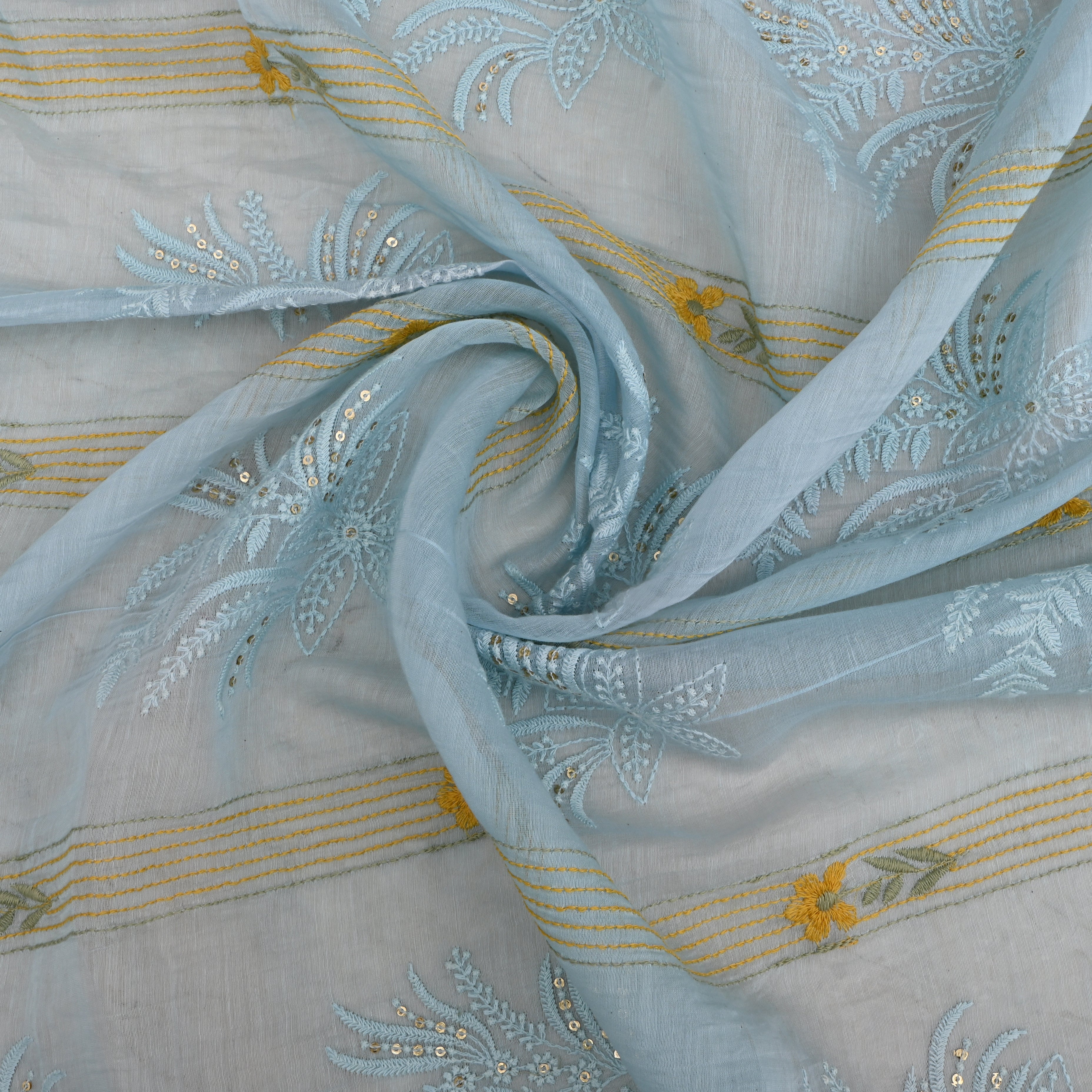 Light Greyish Blue Chanderi Fabric With Embroidery