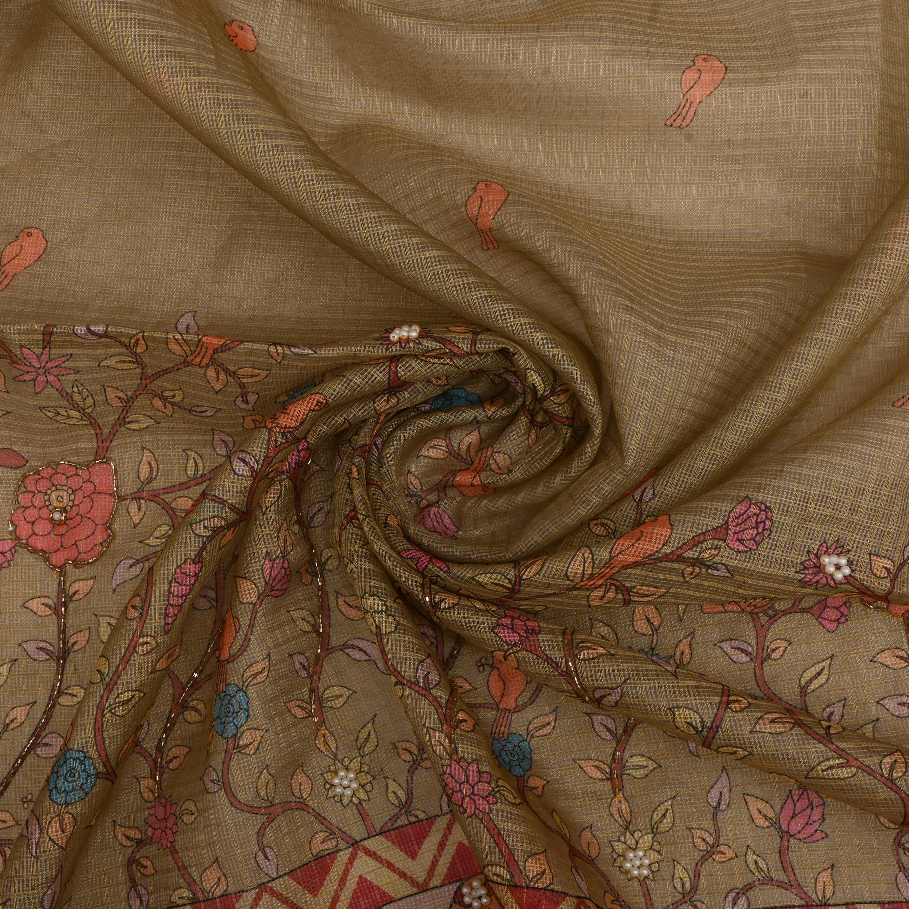 Beige Kota Fabric With Printed Embroidery