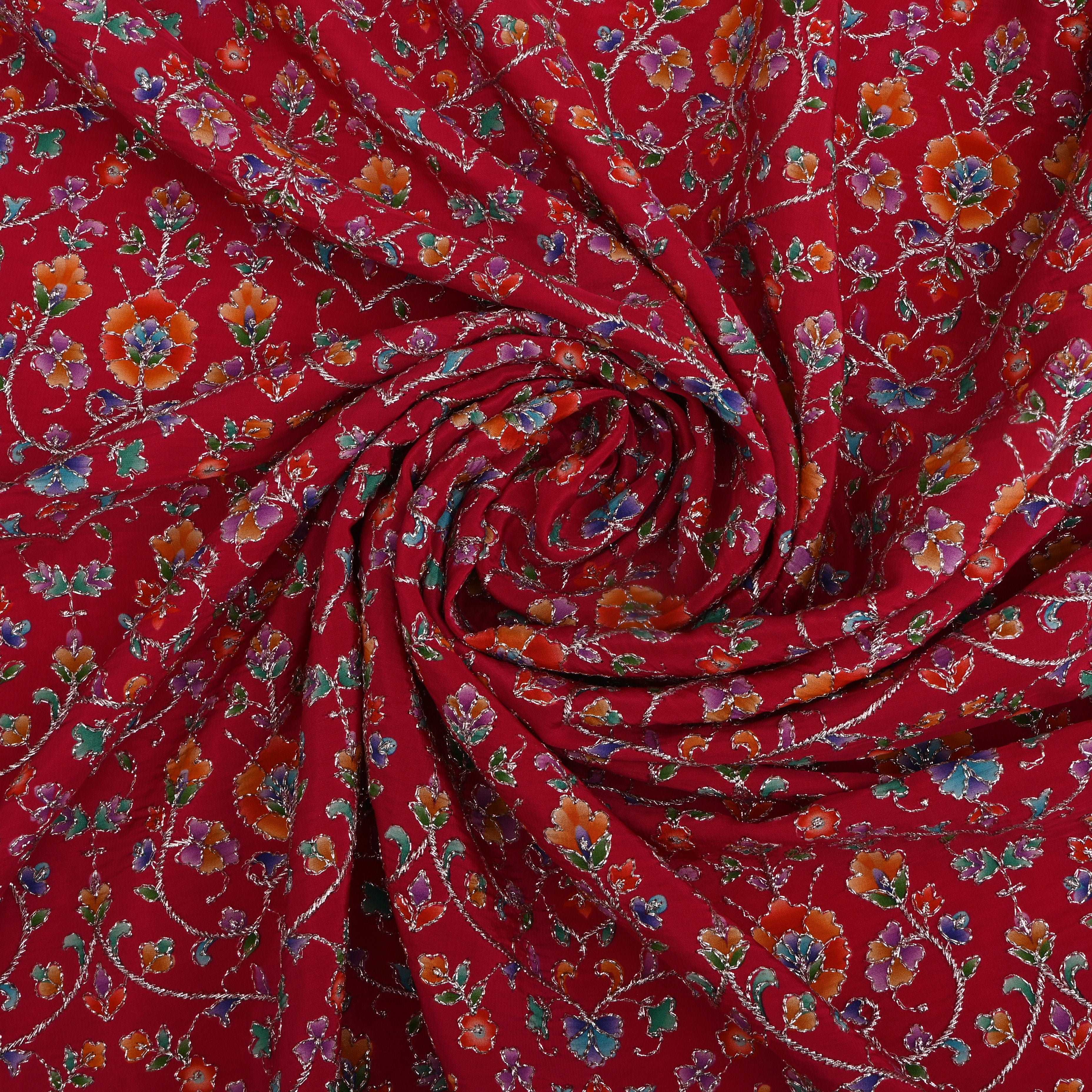 Cherry Red Organza Fabric With Printed Embroidery