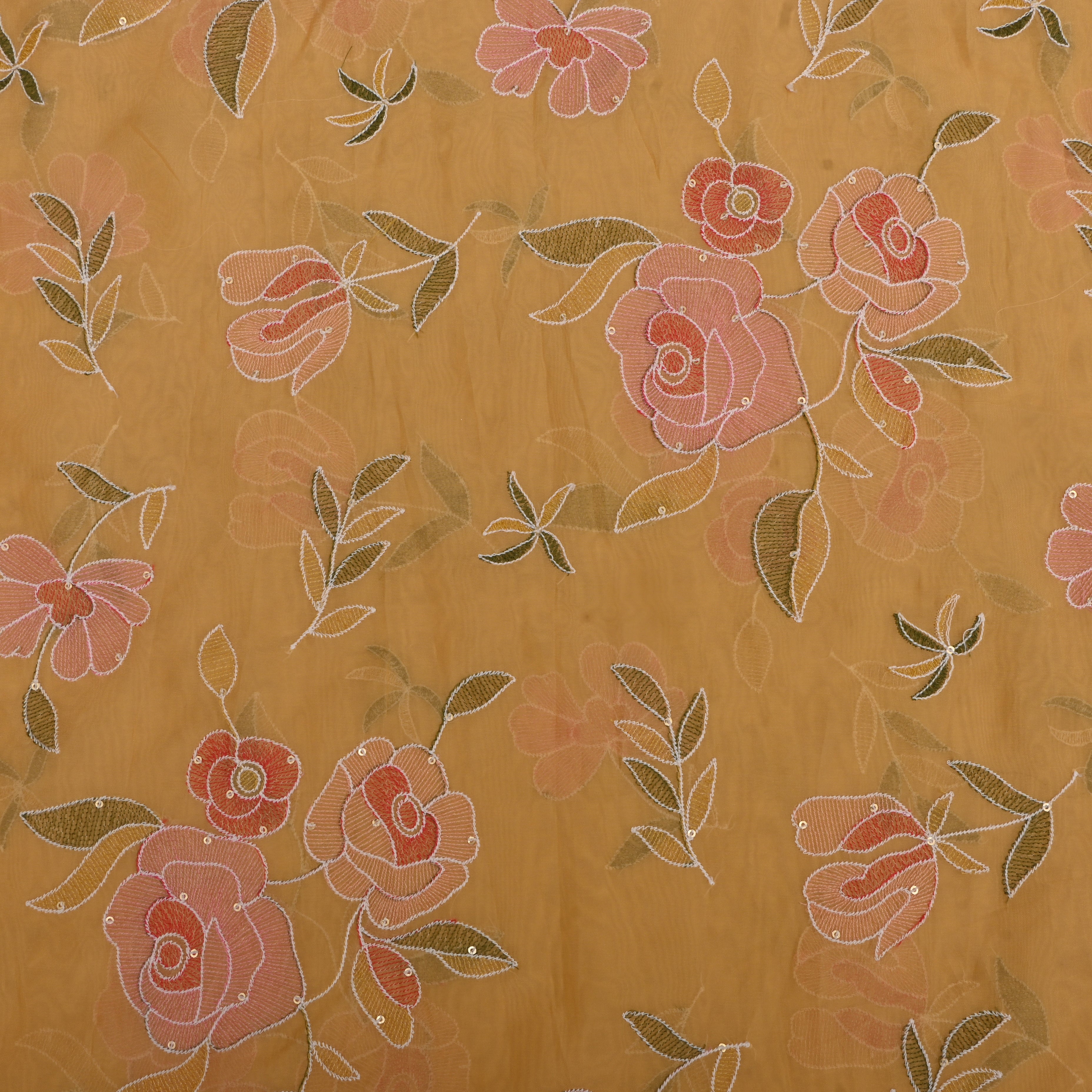 Gamboge Yellow Organza Fabric With Embroidery