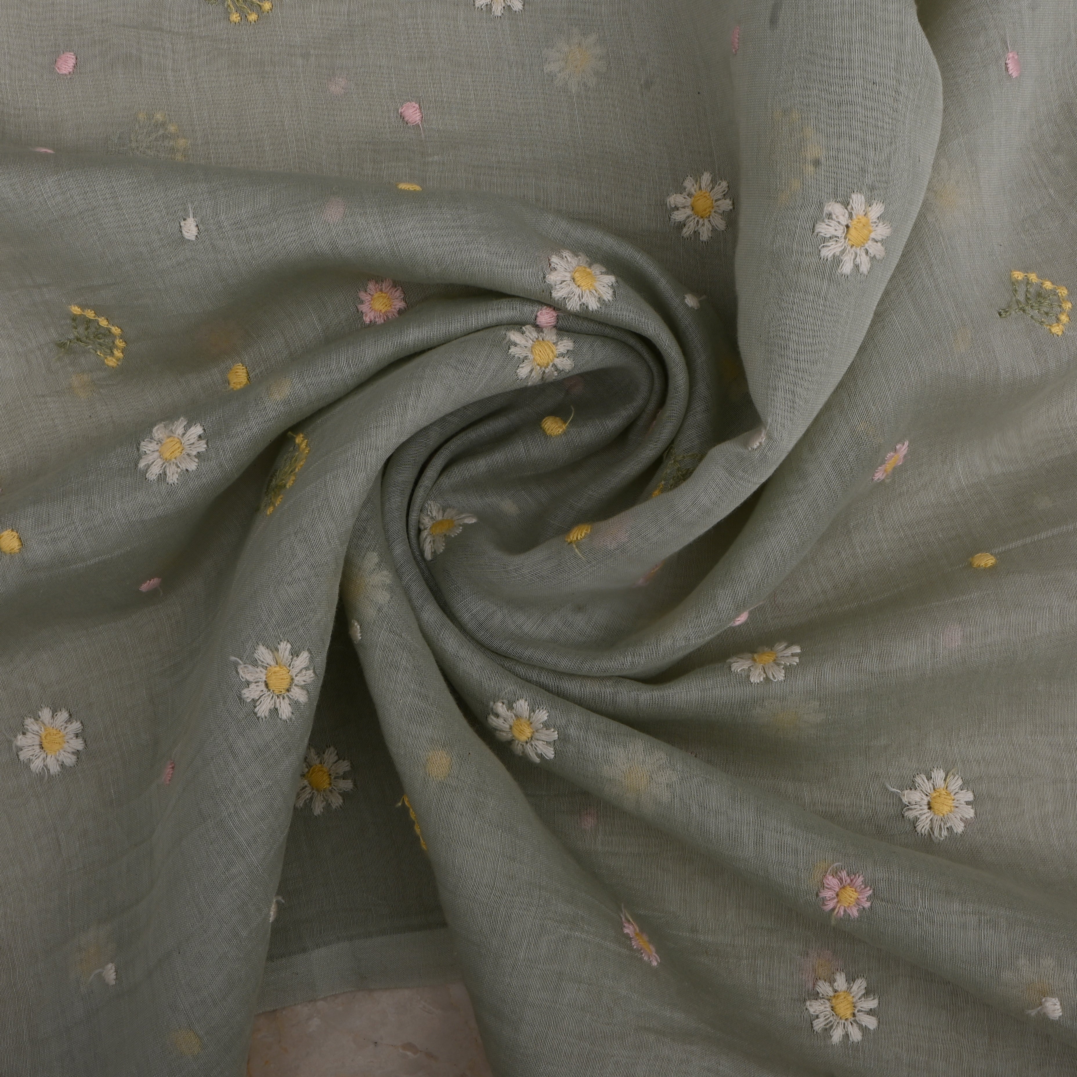 Grey Chanderi Fabric With Embroidery Butti'S