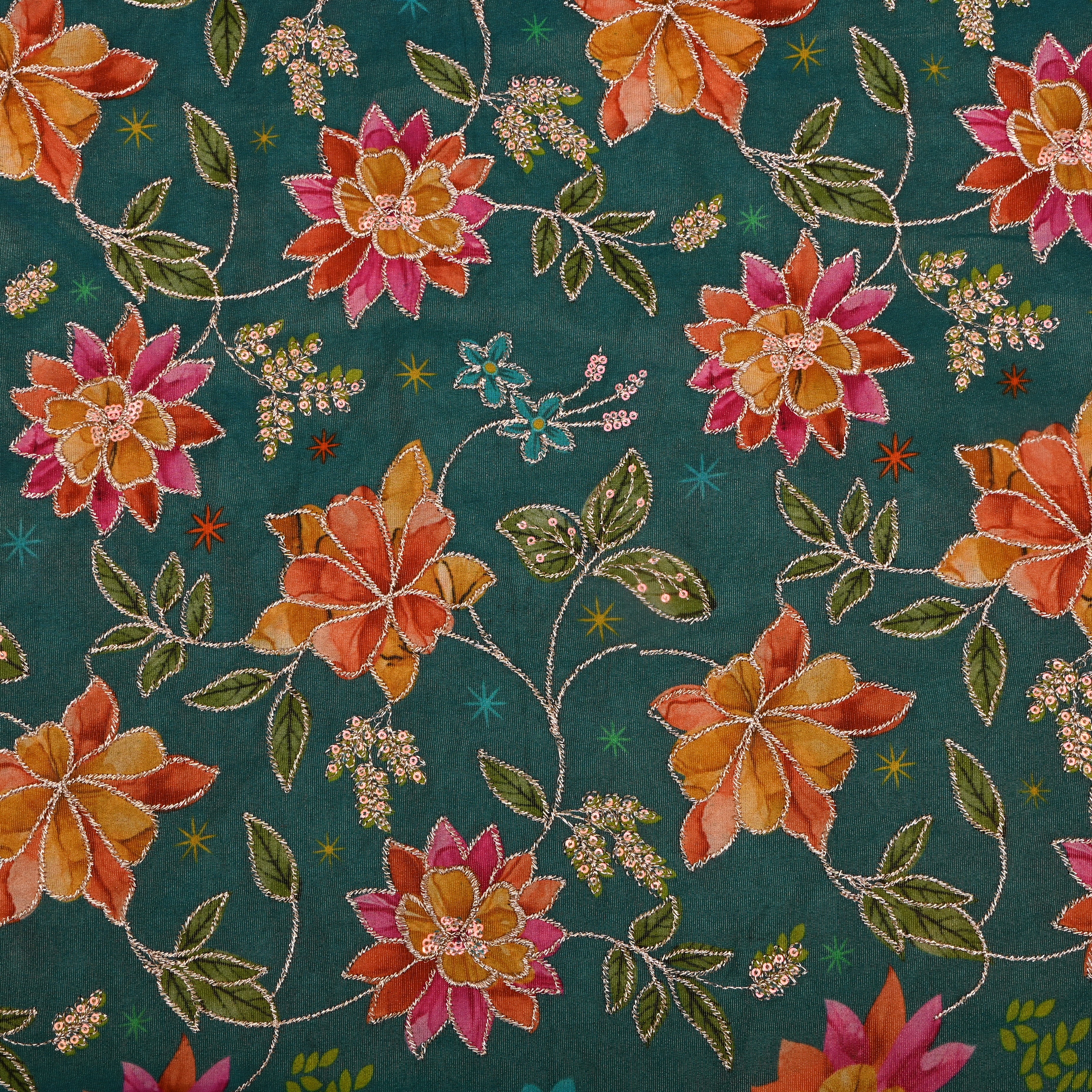 Emerald Green Tissue Fabric With Printed Embroidery
