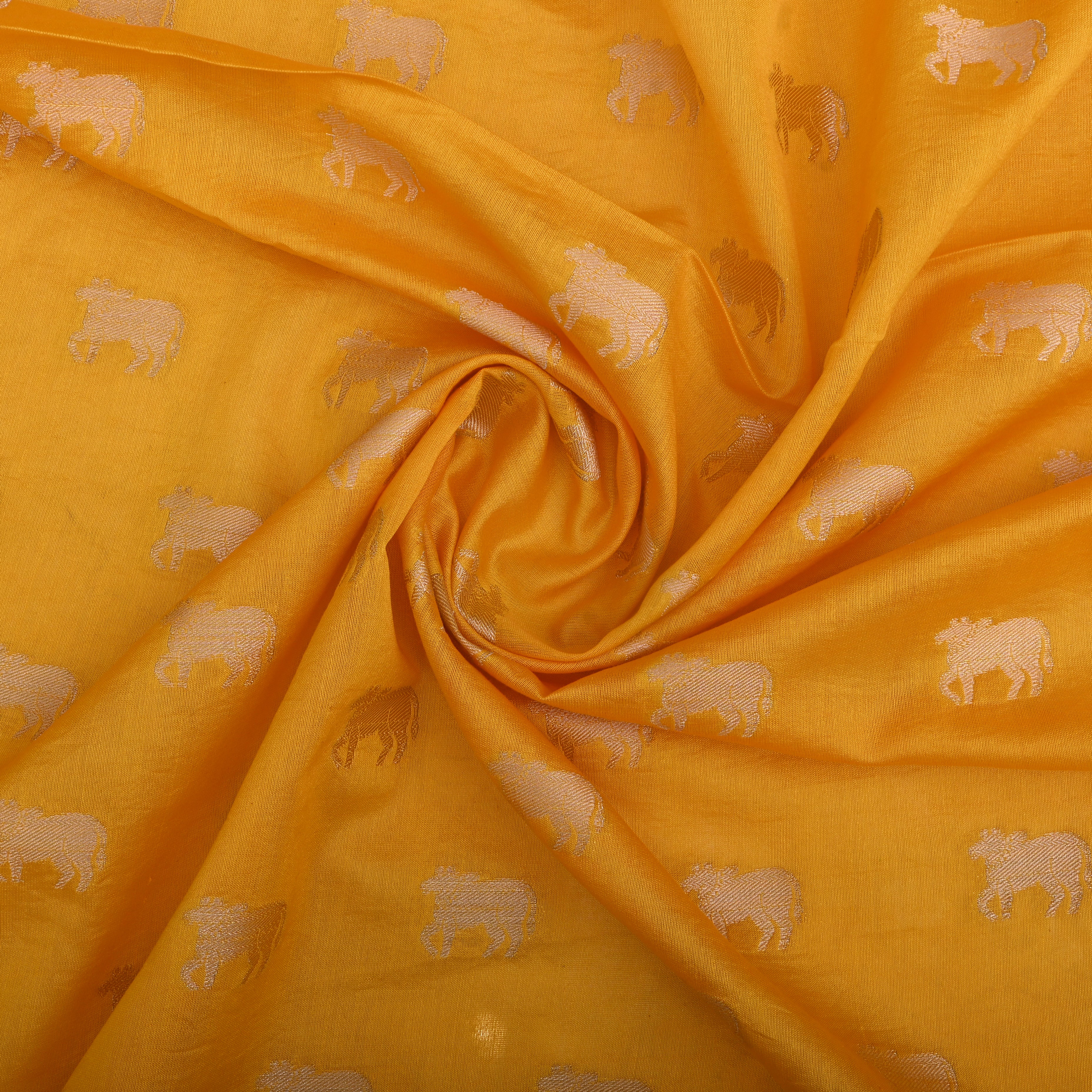 Chinese Yellow With Kamdhenu Motifs On Silk Fabric