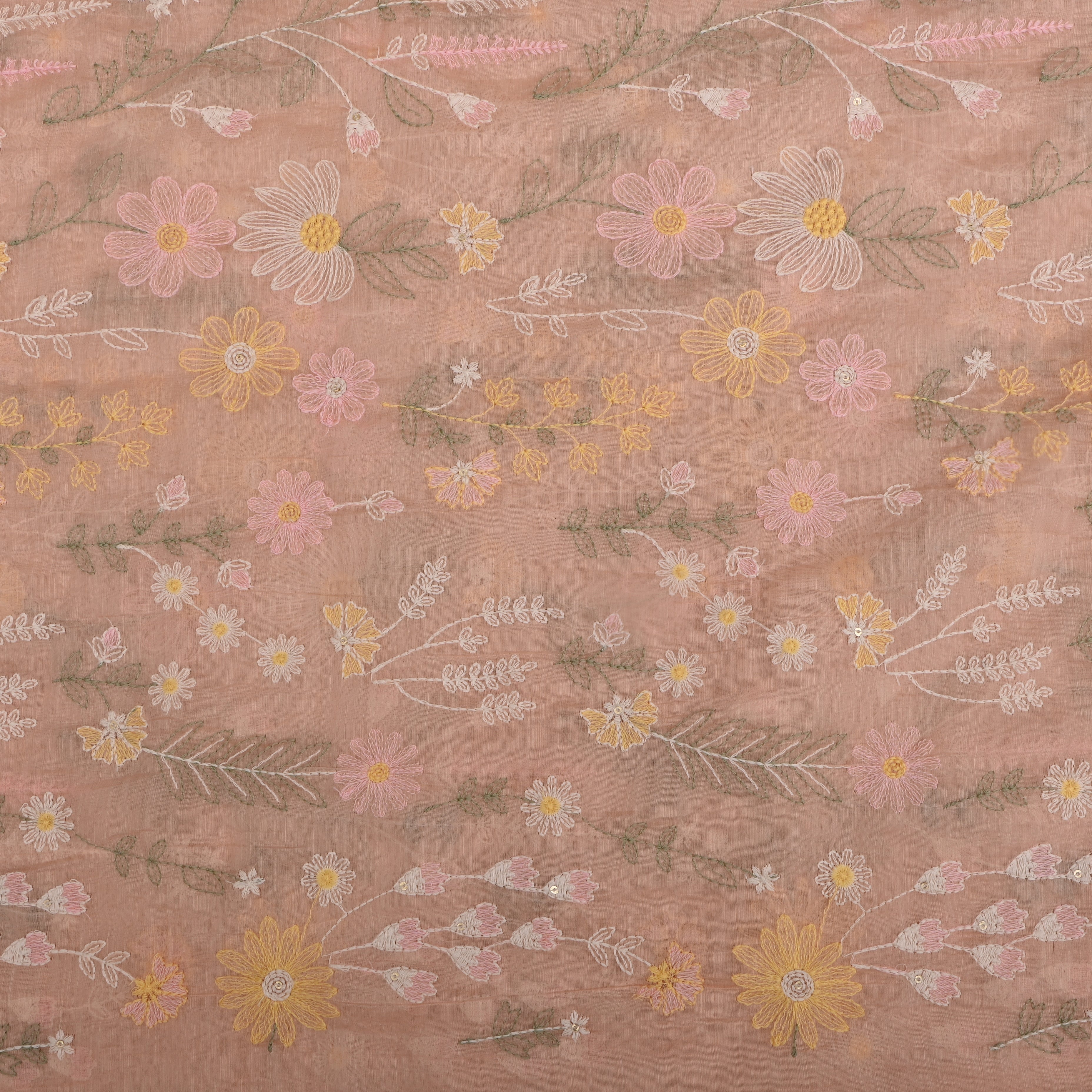Pastel Peach Chanderi Fabric With Thread Embroidery