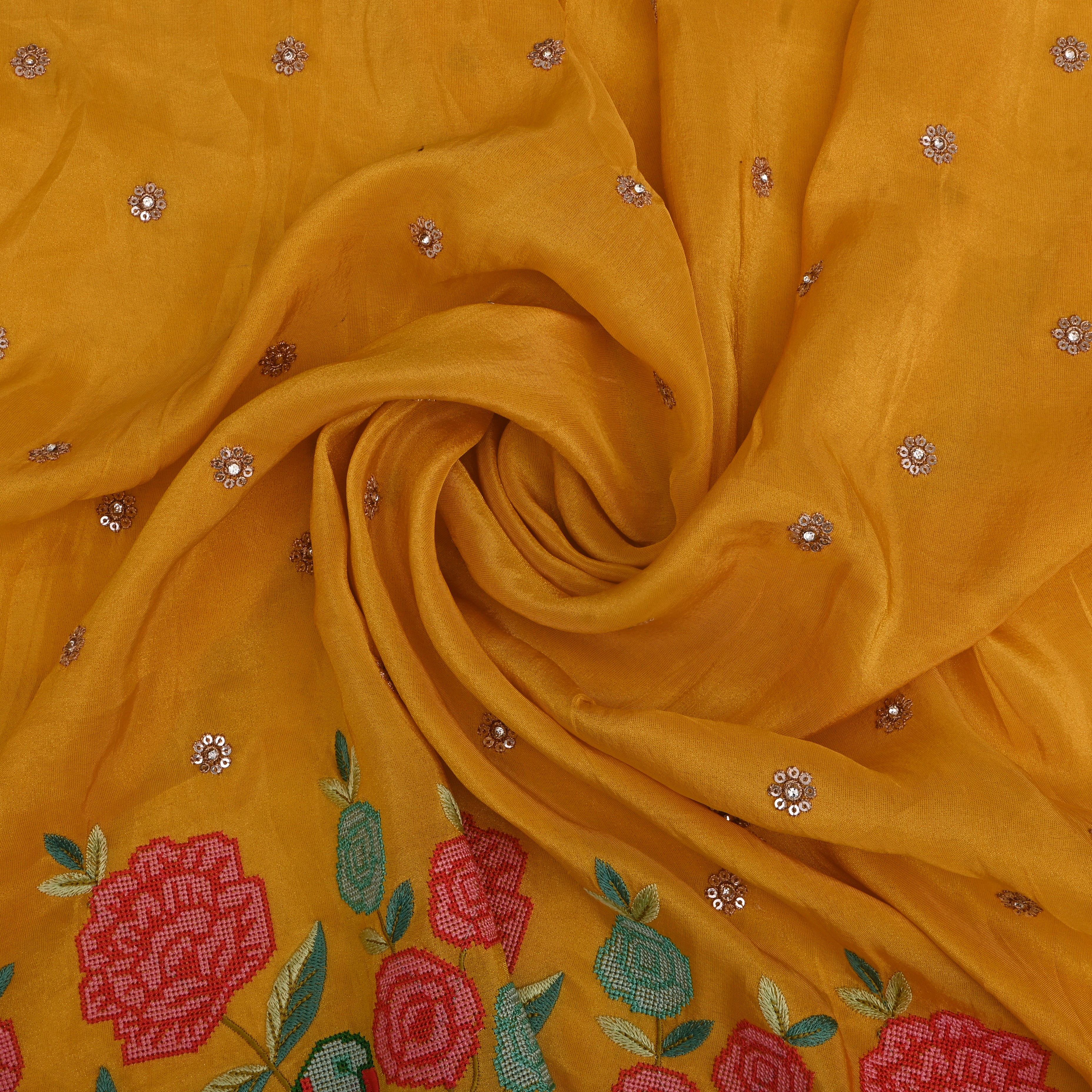 Mustard Yellow Tissue With Petit Point Embroidery