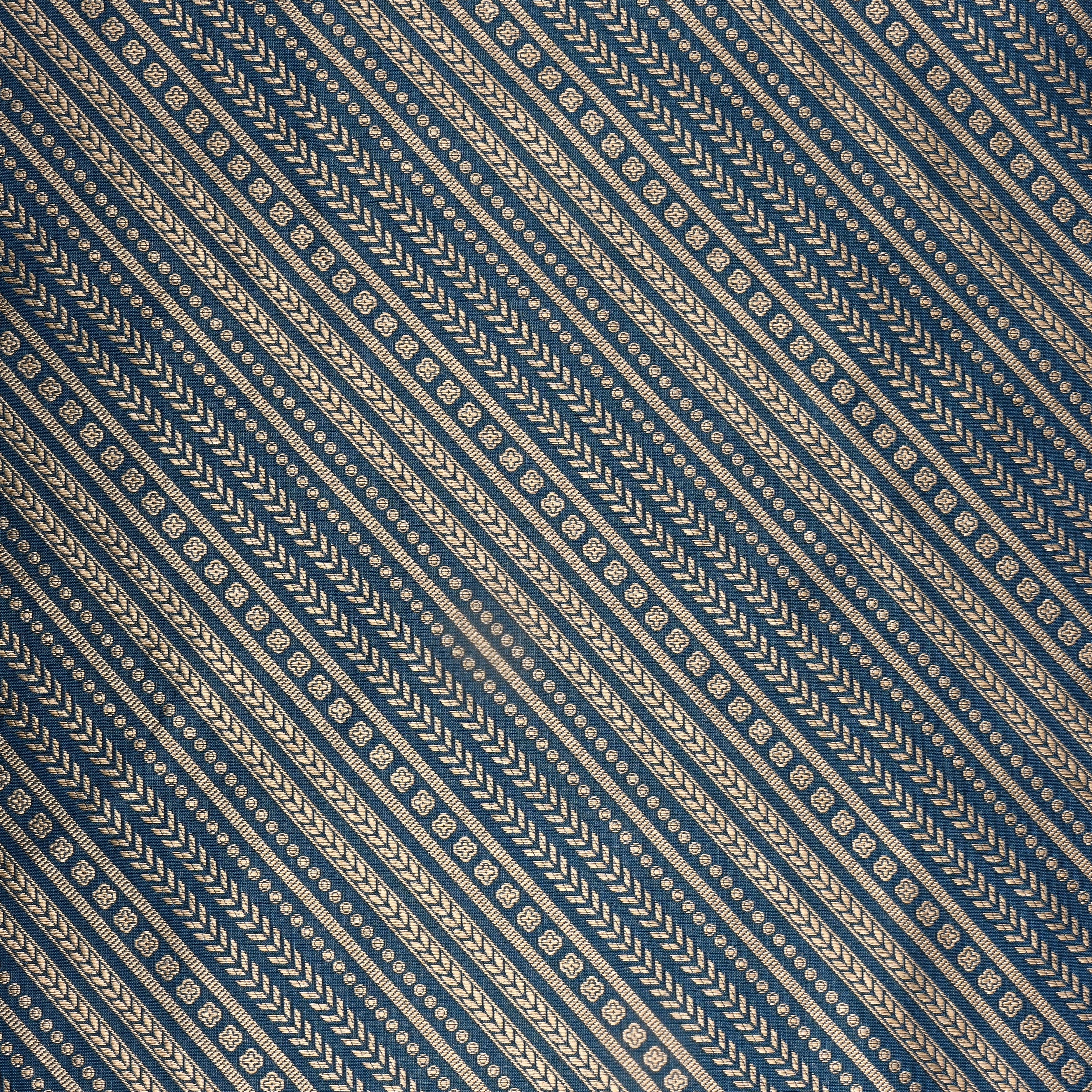 Navy Blue Jamawar Silk Fabric With Diagonal Stripes