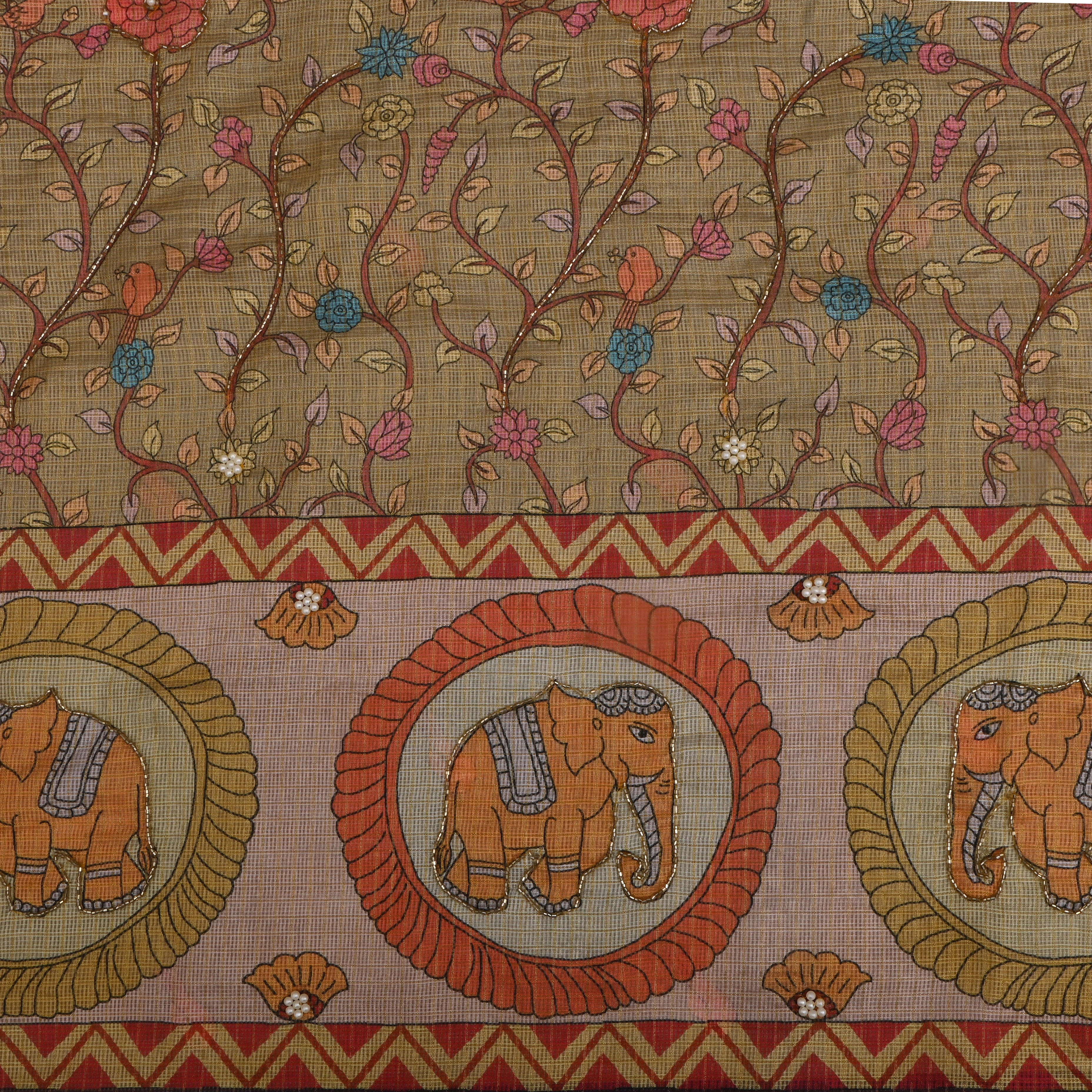 Beige Kota Fabric With Printed Embroidery
