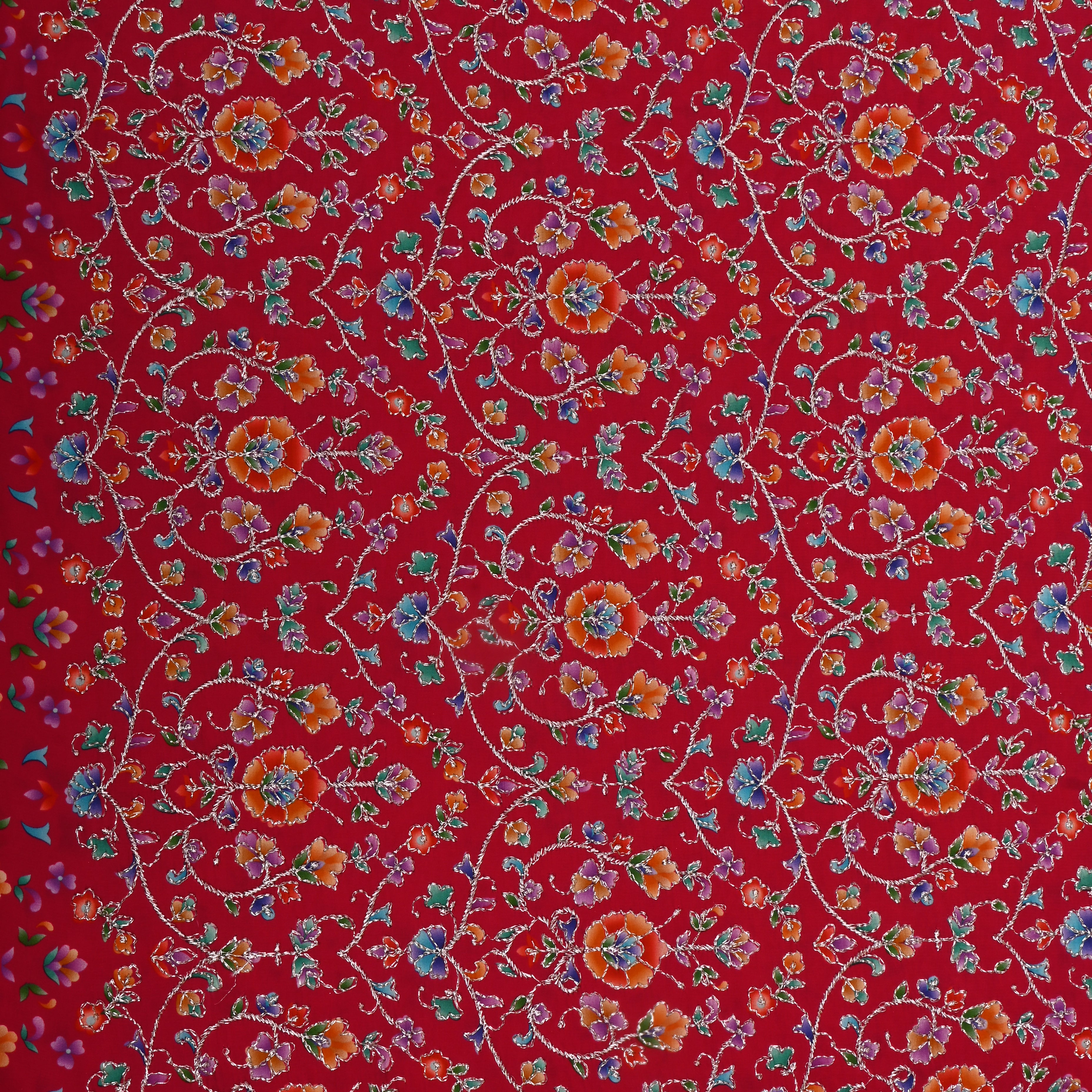 Cherry Red Organza Fabric With Printed Embroidery
