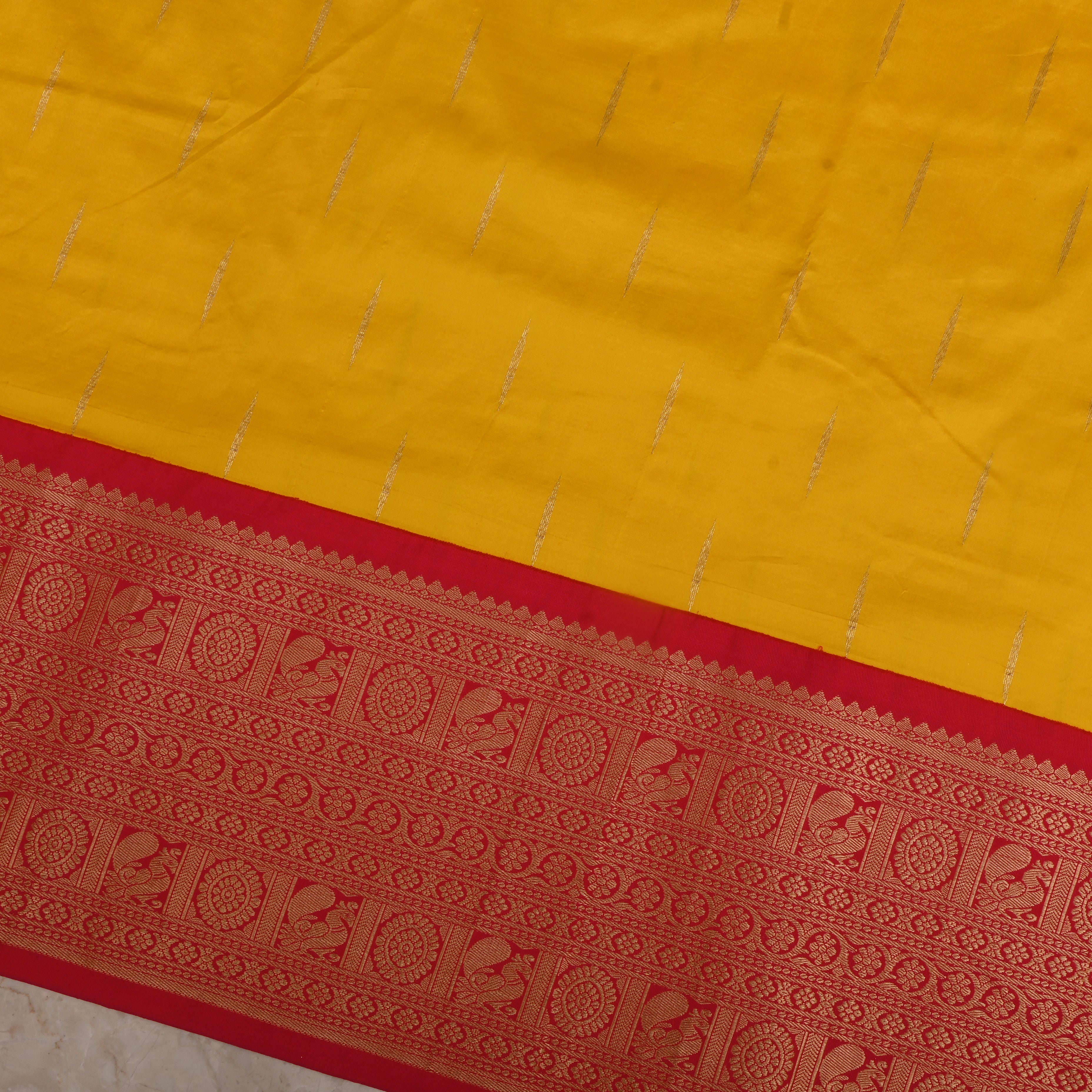 Yellow Orange Silk Fabric With Banarasi Border