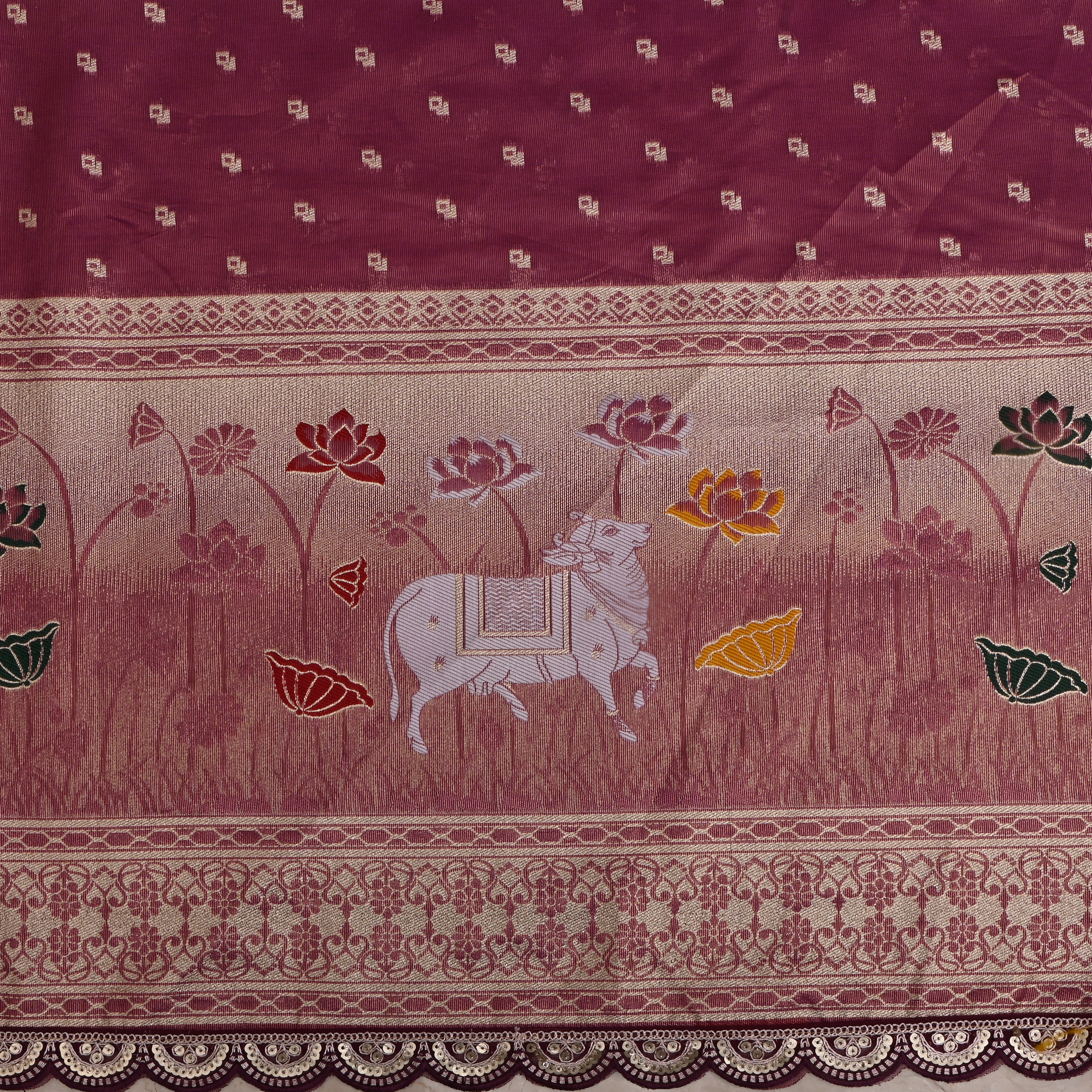 Wine Pink Jamawar Tissue Fabric With Woven Butti'S