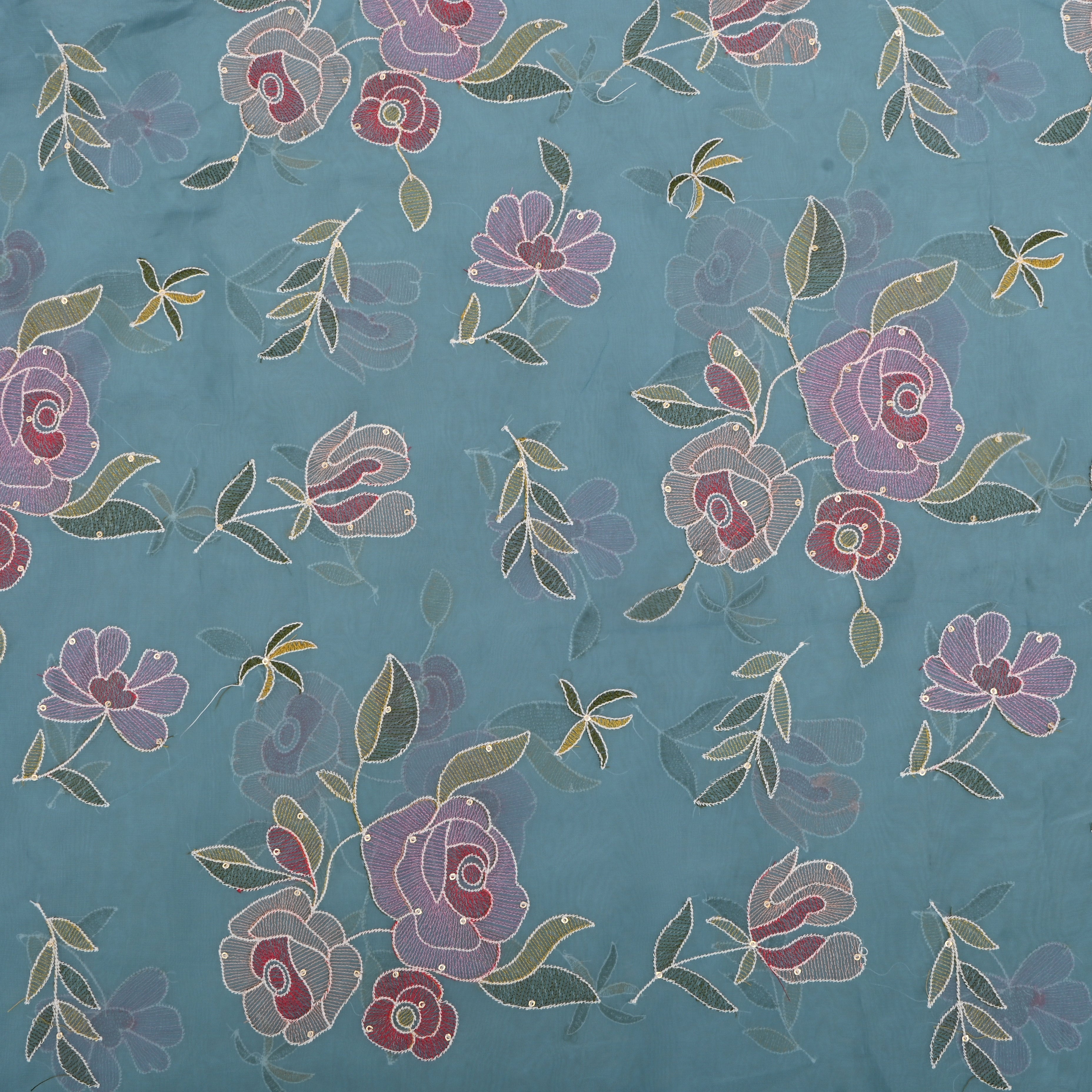 Dark Electric Blue Organza Fabric With Embroidery