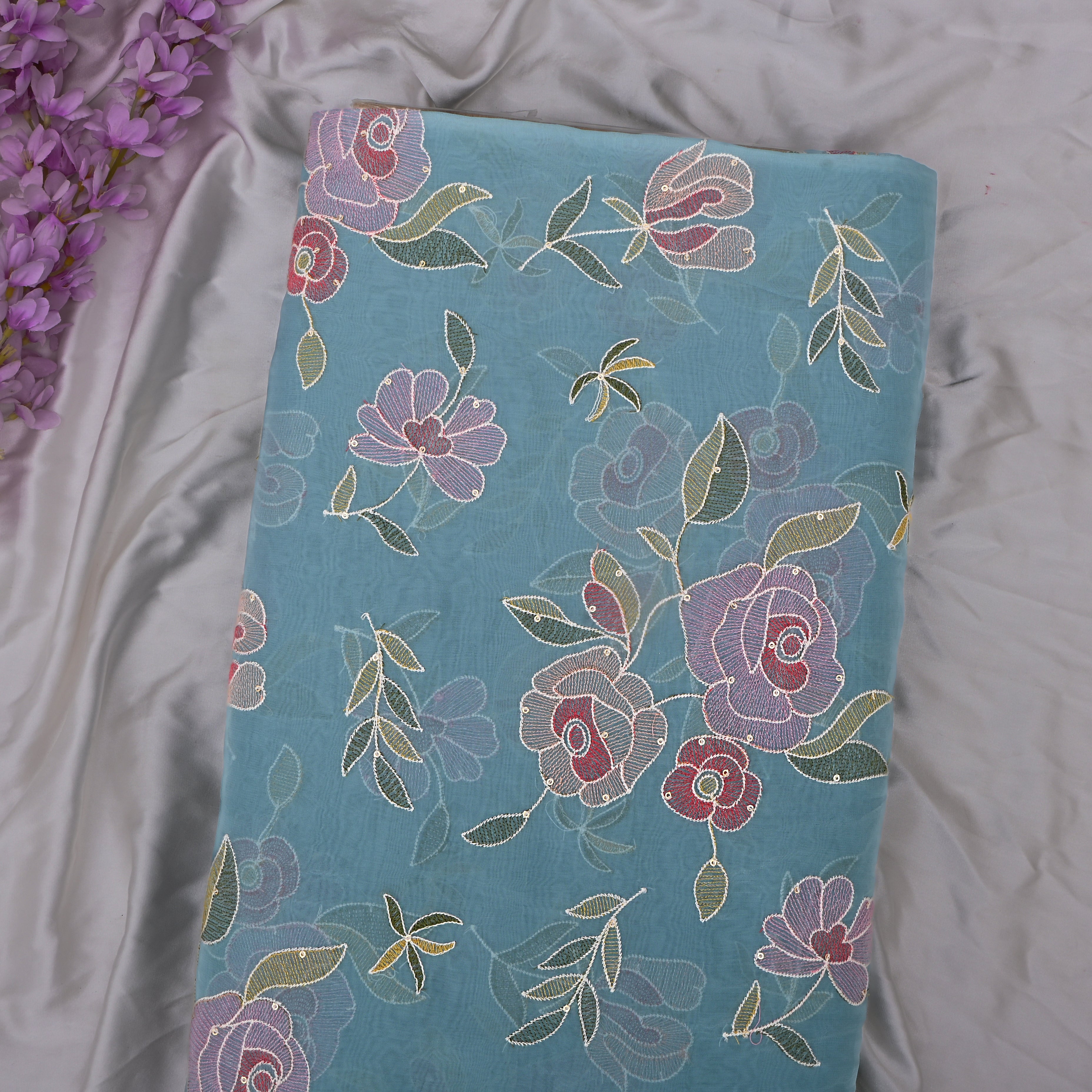 Dark Electric Blue Organza Fabric With Embroidery