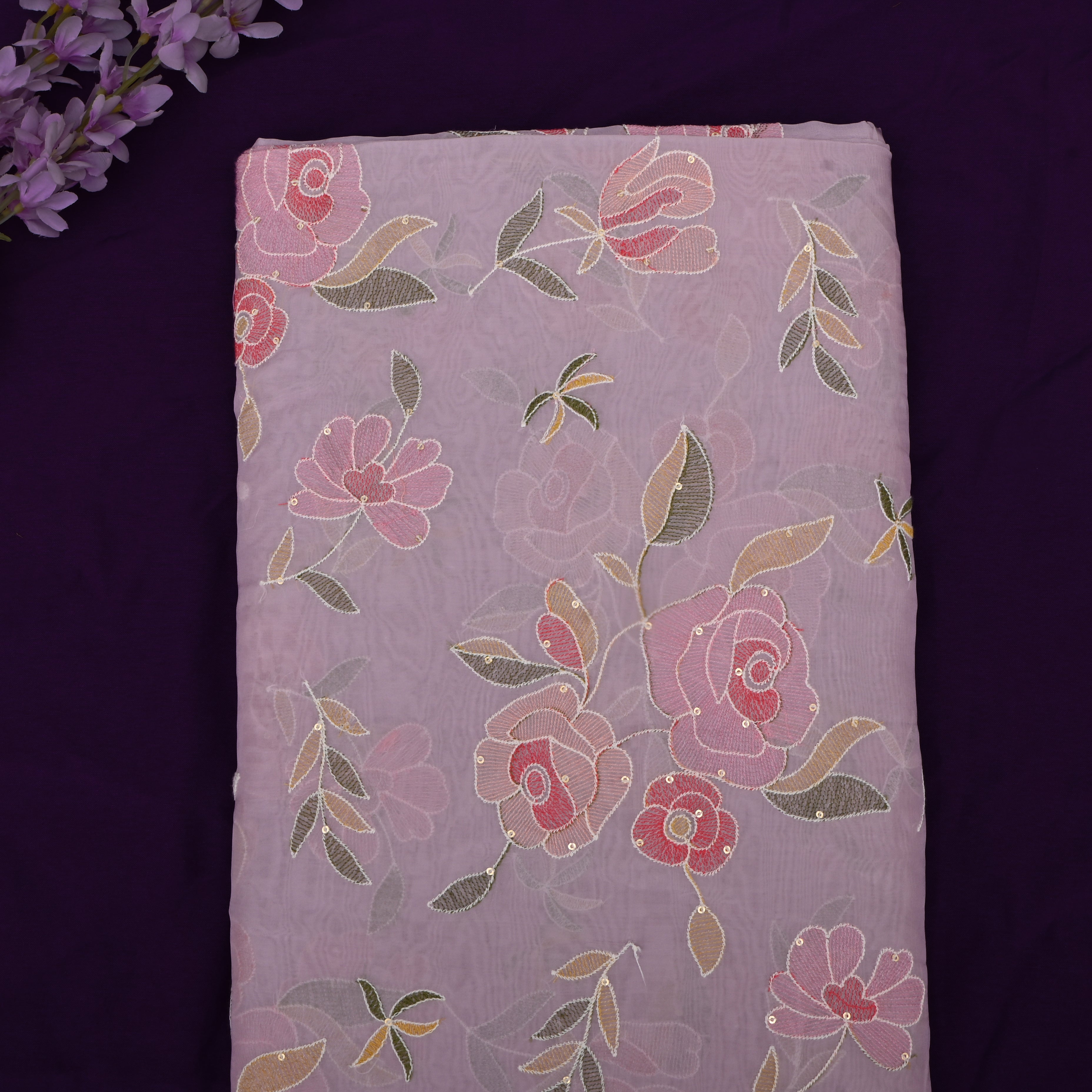 Soft Pink Organza Fabric With Embroidery