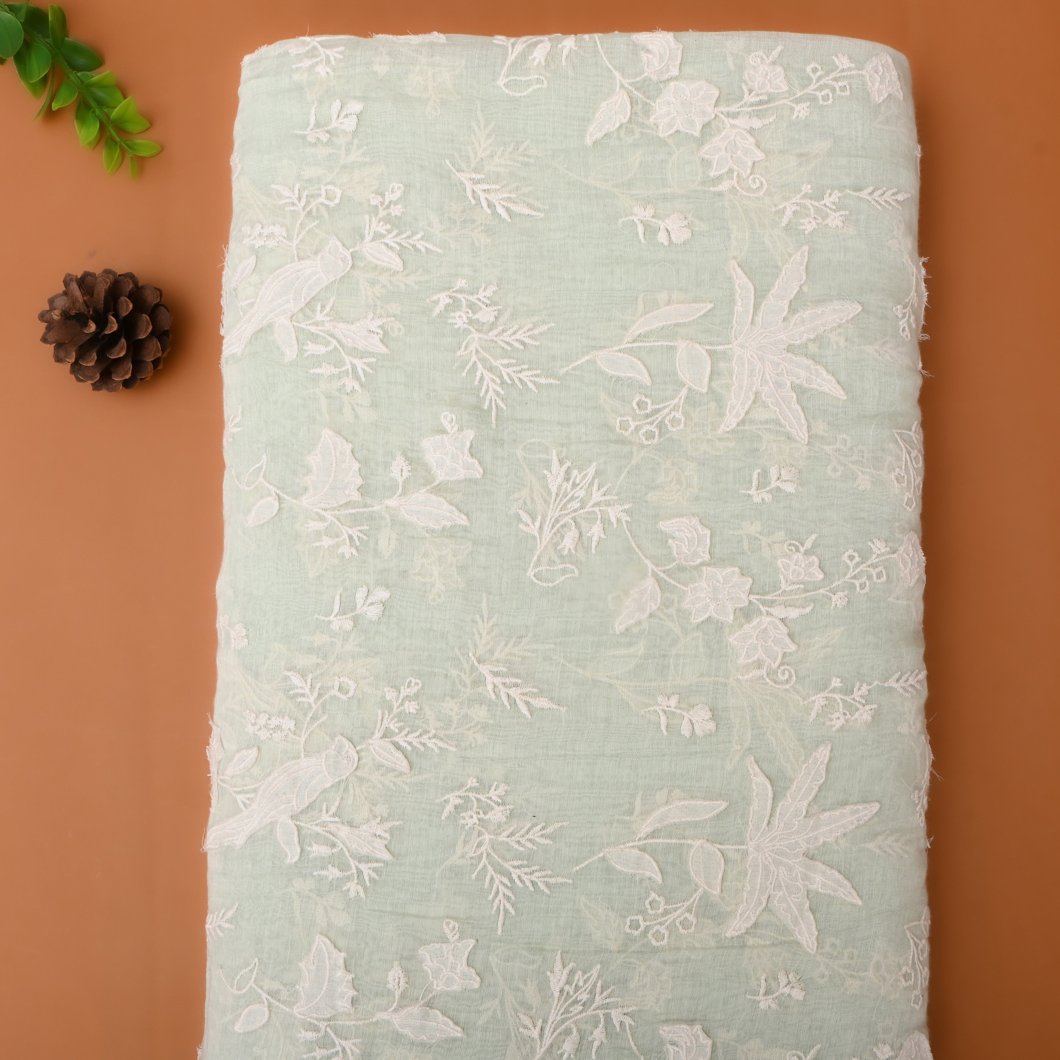 Pastel Green Floral Embroidered Chanderi Fabric