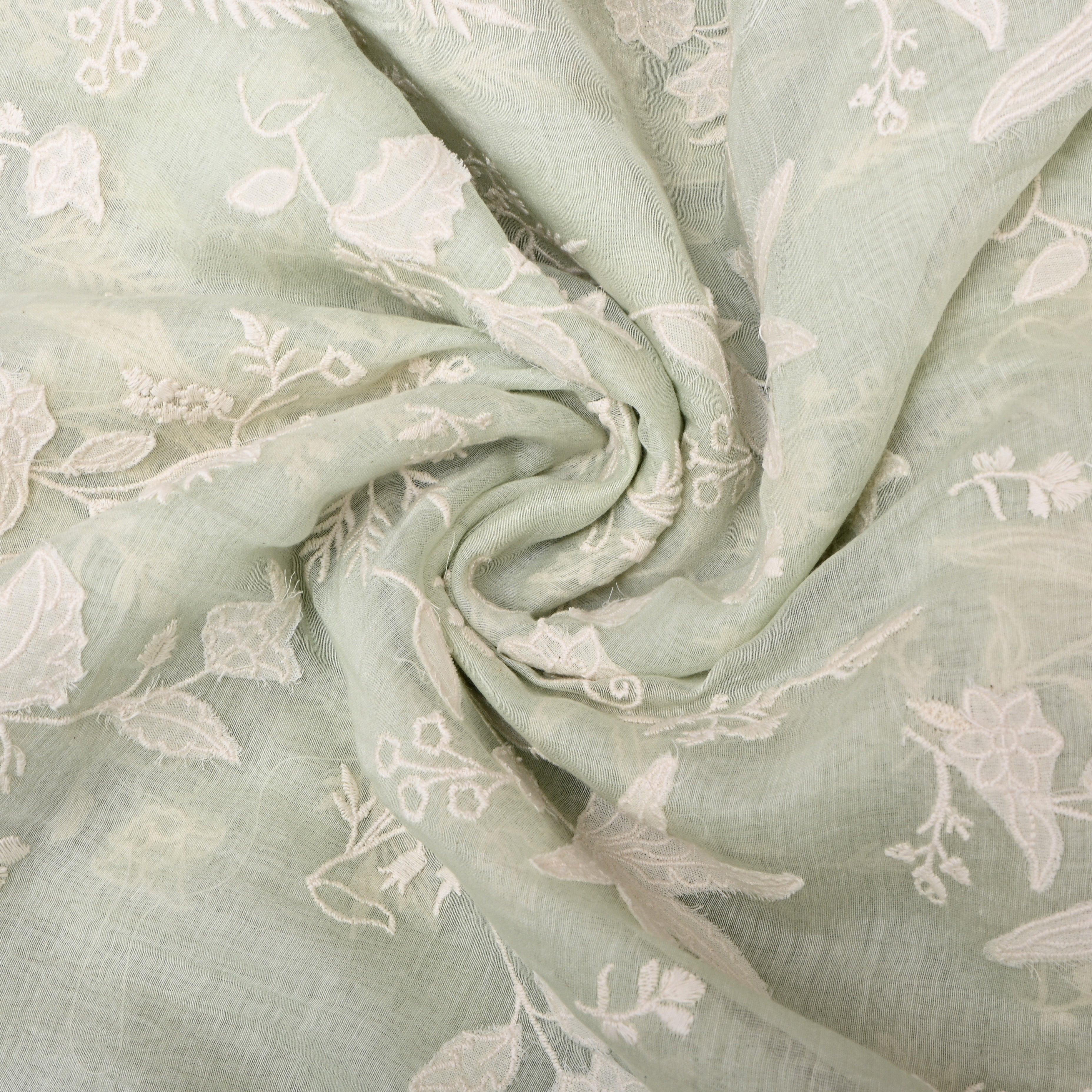 Pastel Green Floral Embroidered Chanderi Fabric
