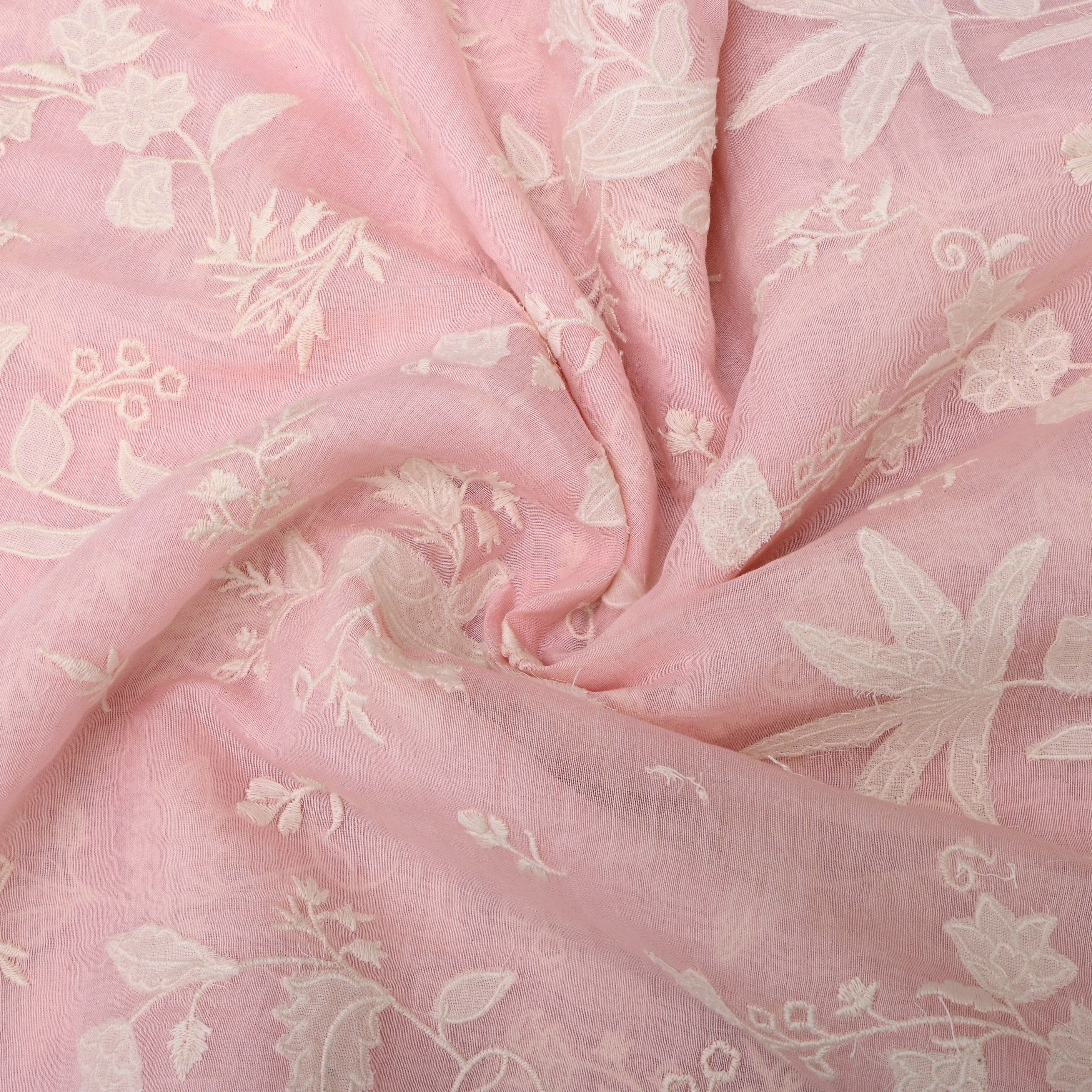 Pastel Pink Floral Embroidered Chanderi Fabric