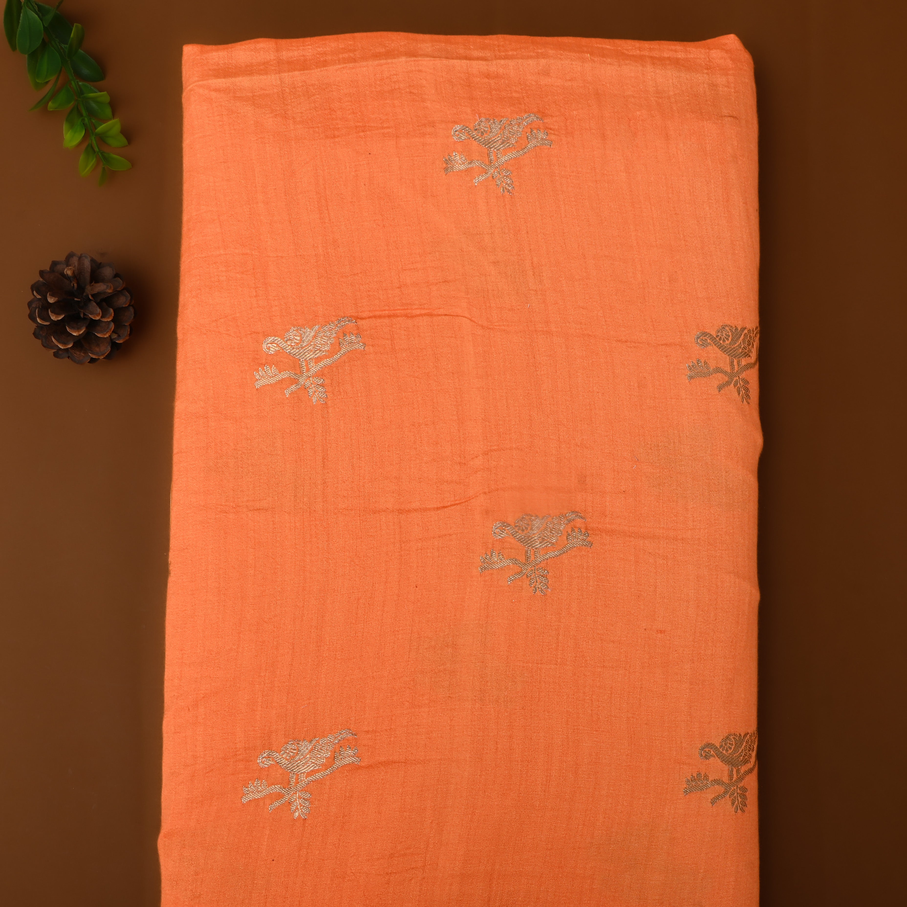 Bright Orange Floral Zari Weave Silk