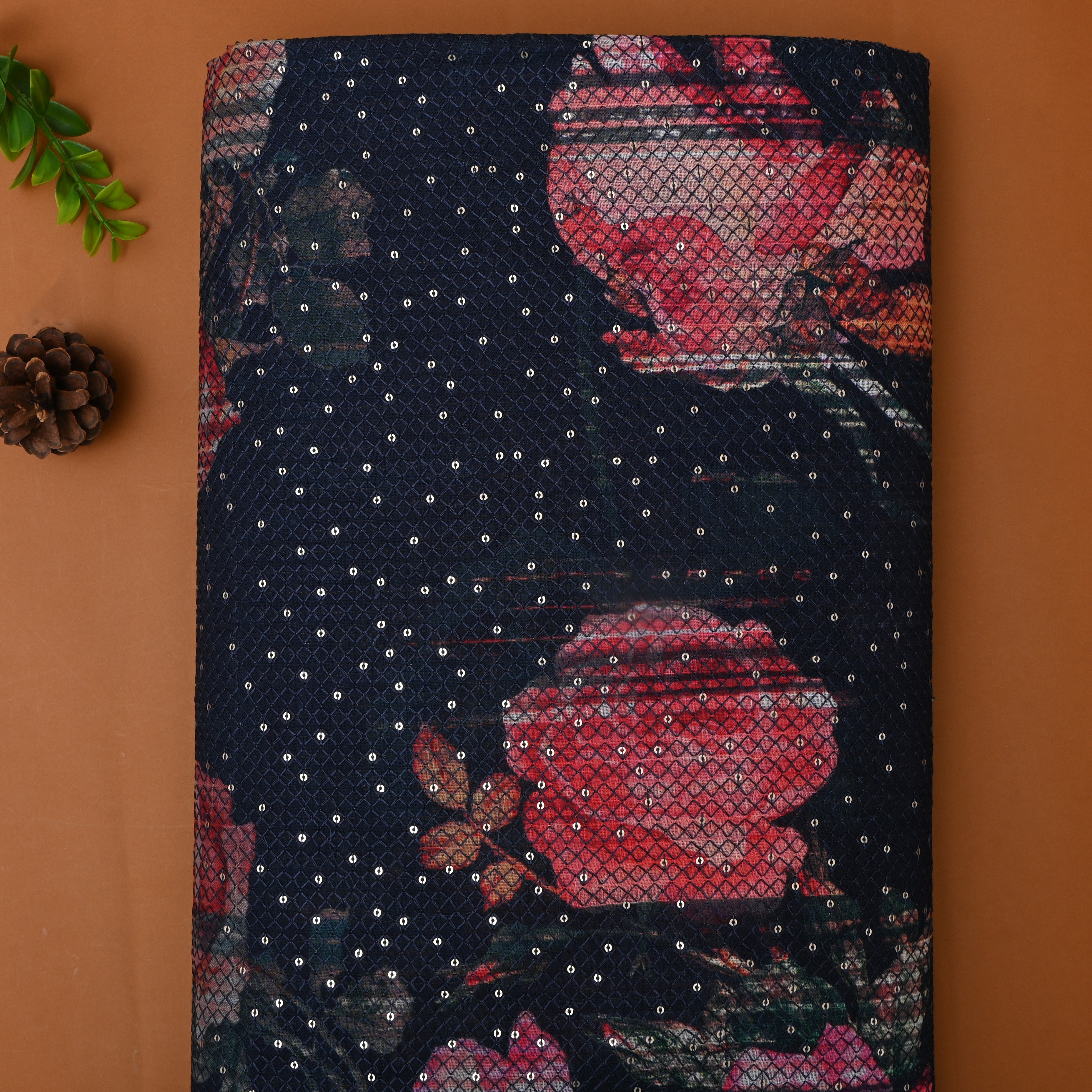 Navy Blue Sequin Thread Work Floral Linen Fabric