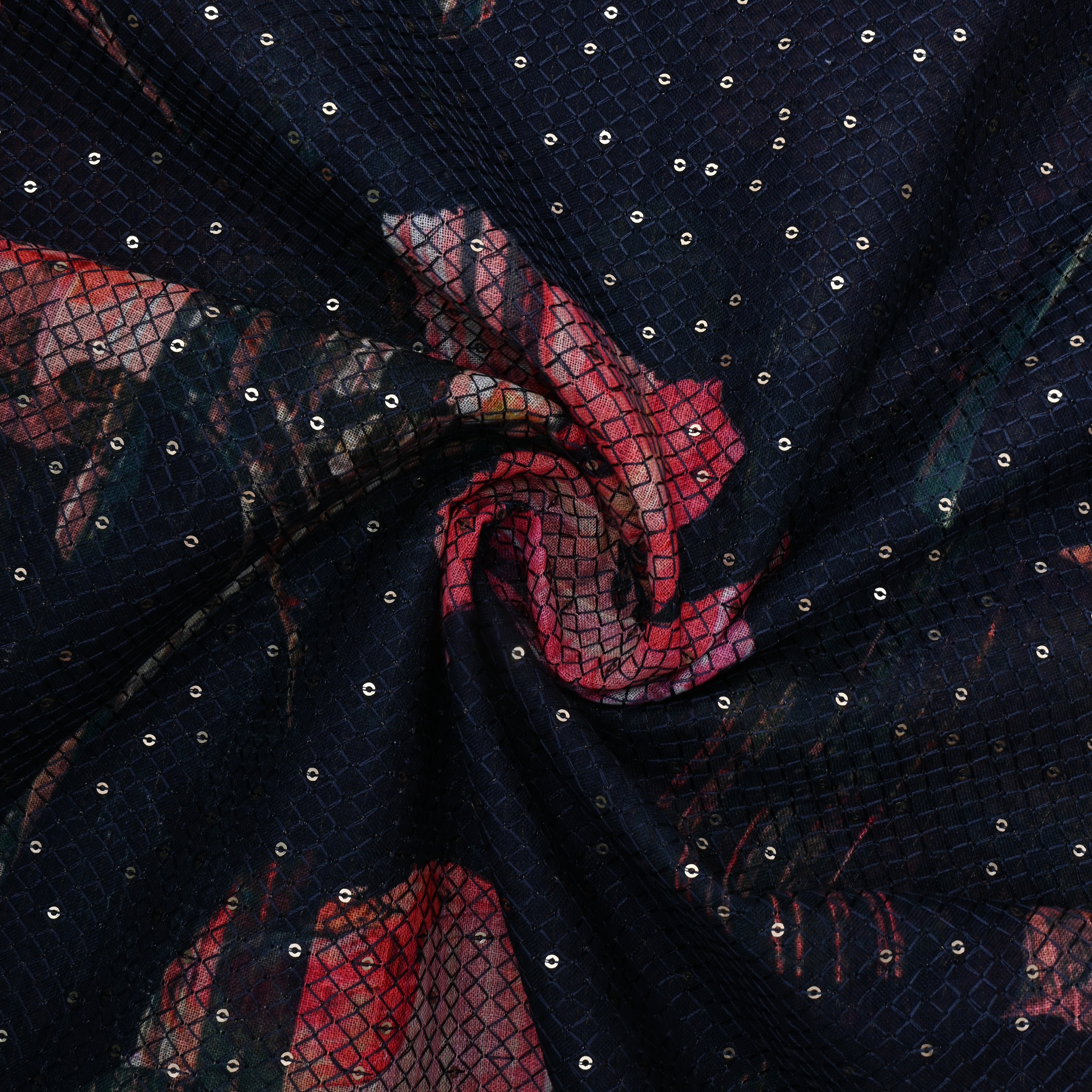 Navy Blue Sequin Thread Work Floral Linen Fabric