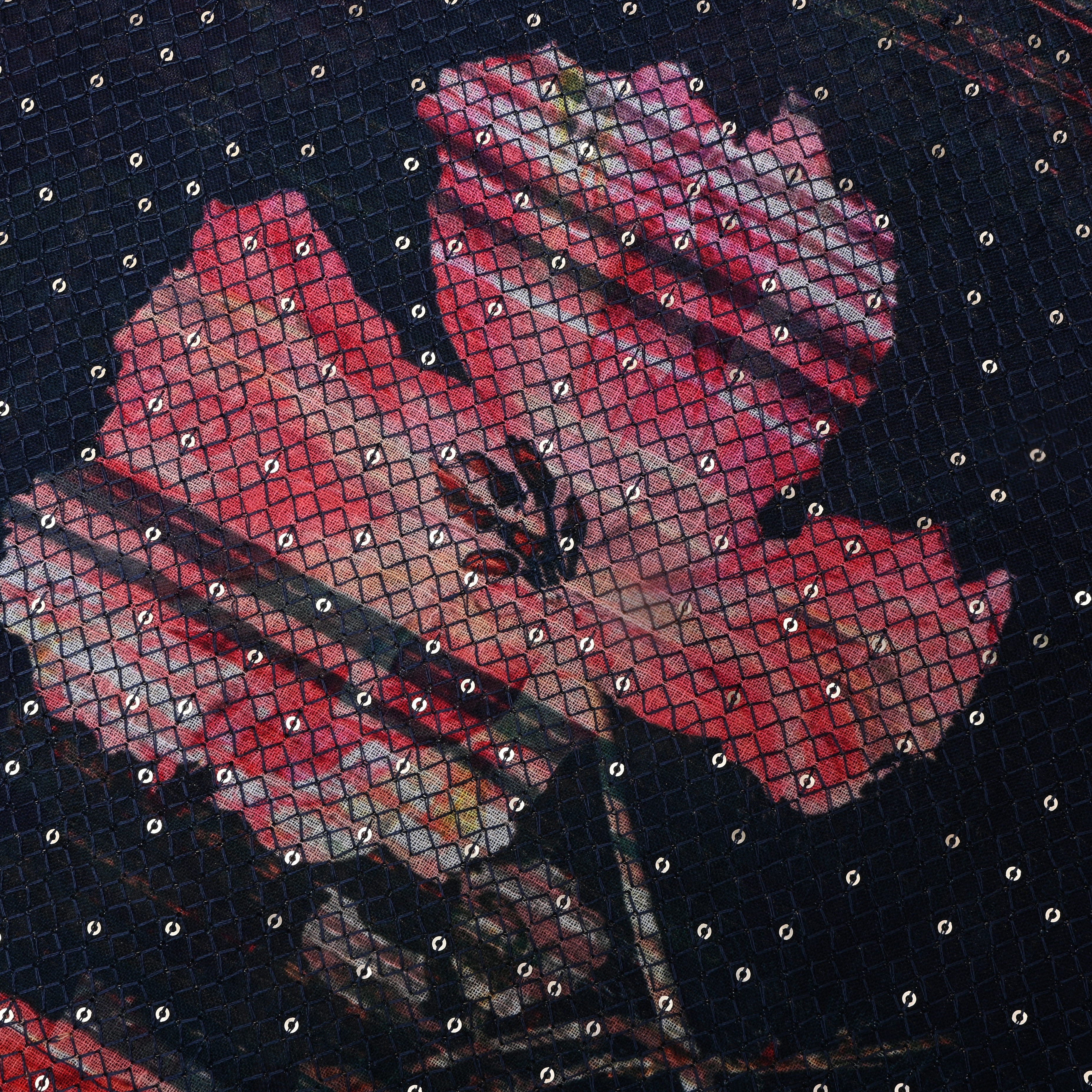 Navy Blue Sequin Thread Work Floral Linen Fabric