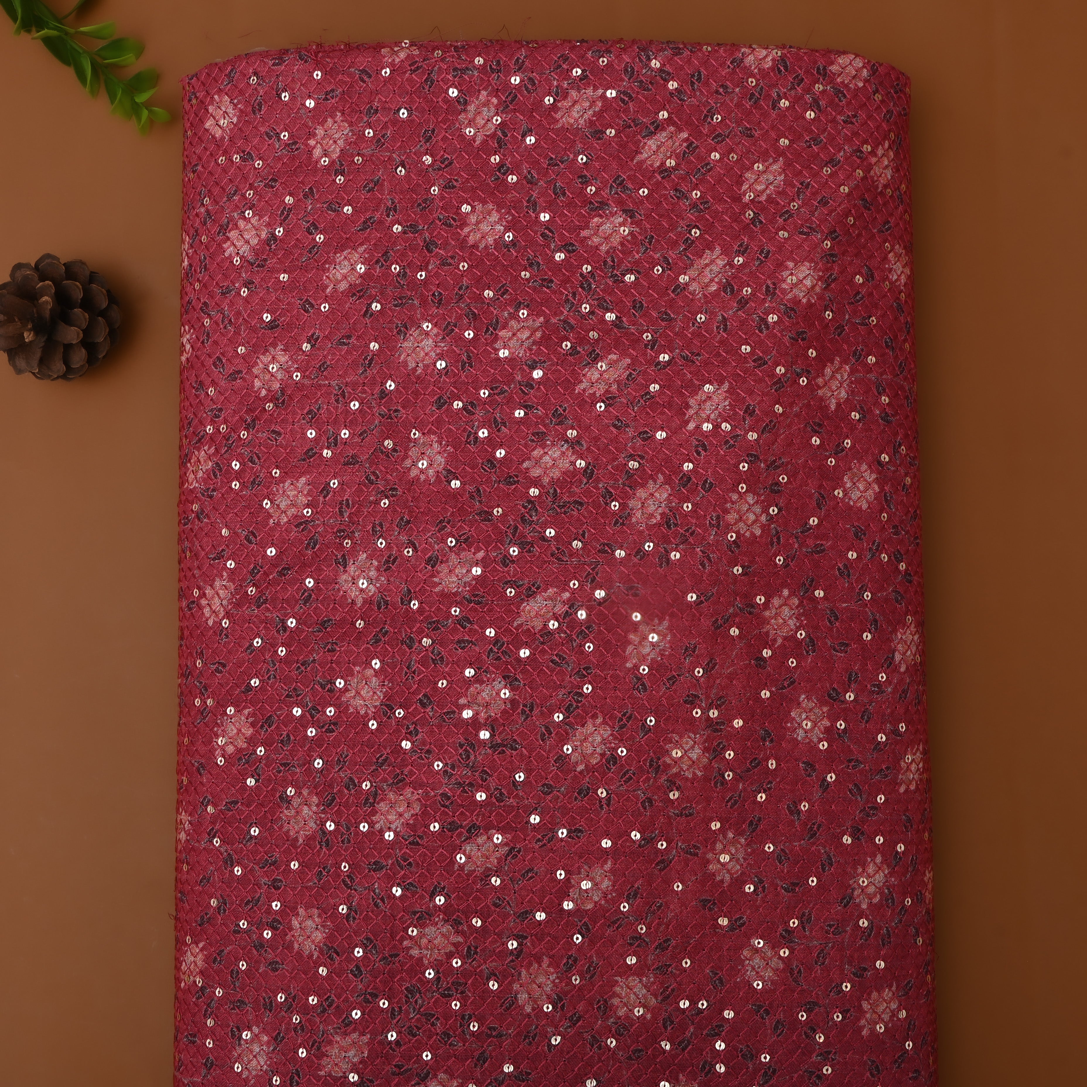 Pinkish Maroon Sequin Thread Work Floral Linen Fabric