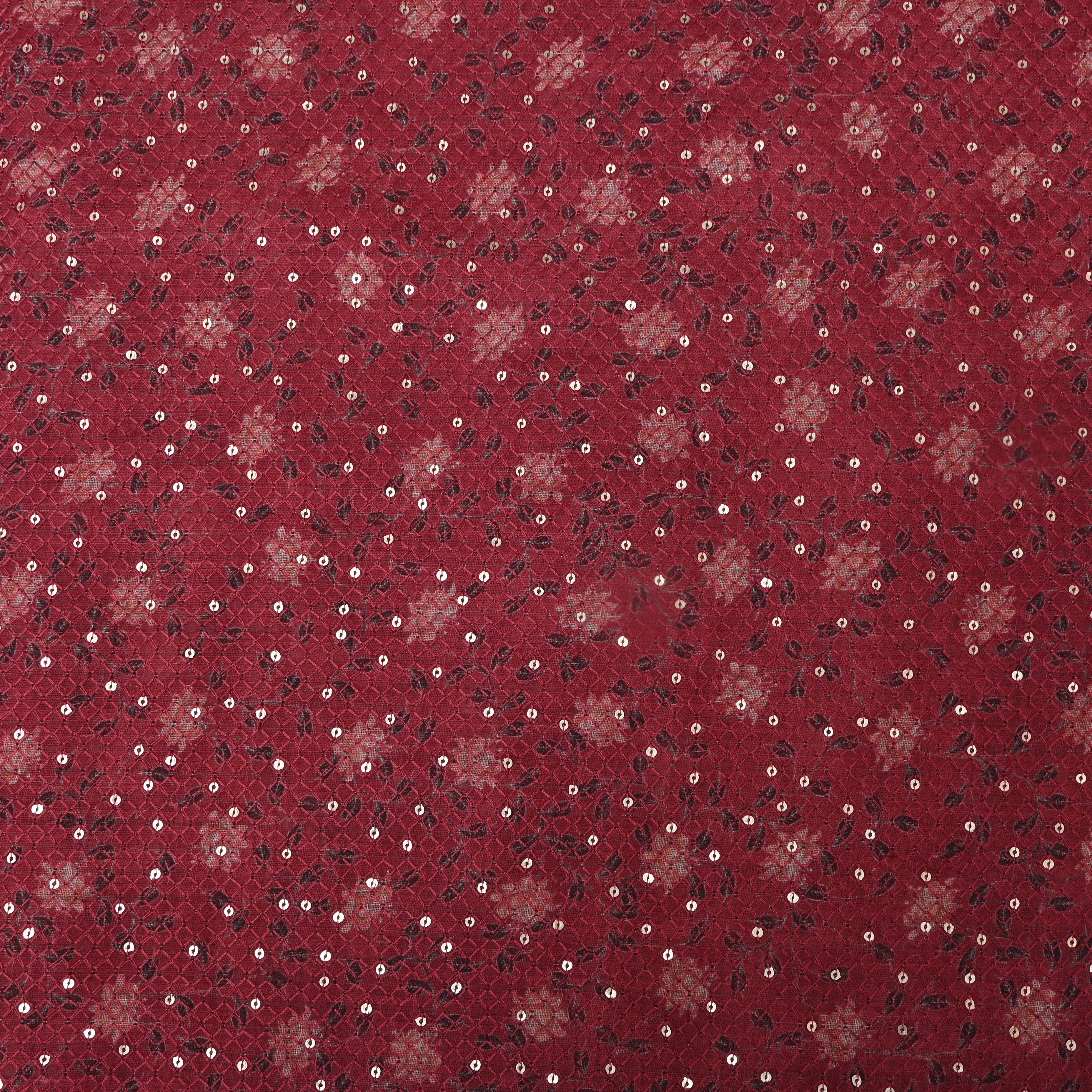 Pinkish Maroon Sequin Thread Work Floral Linen Fabric