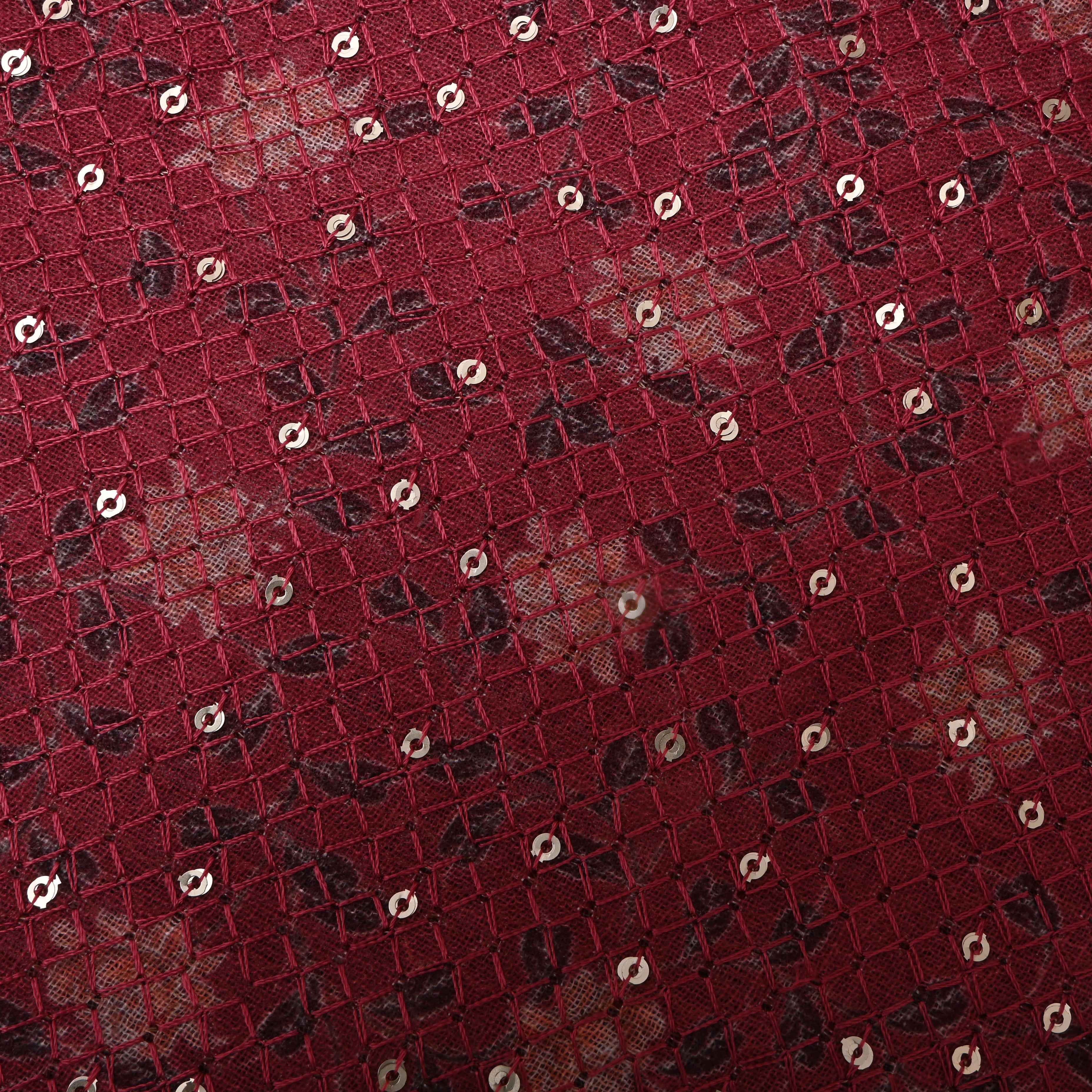 Pinkish Maroon Sequin Thread Work Floral Linen Fabric