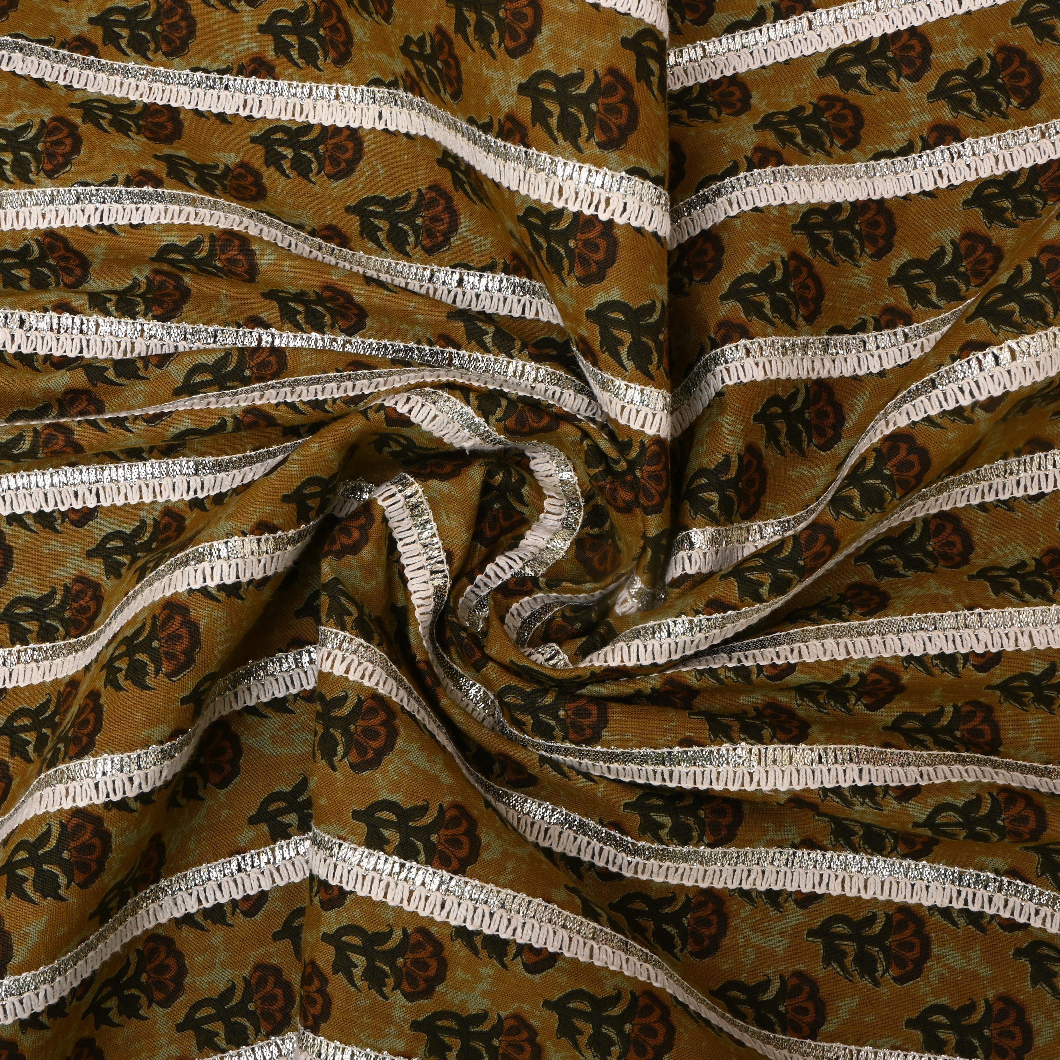Earthy Yellow Floral Printed Cotton Fabric