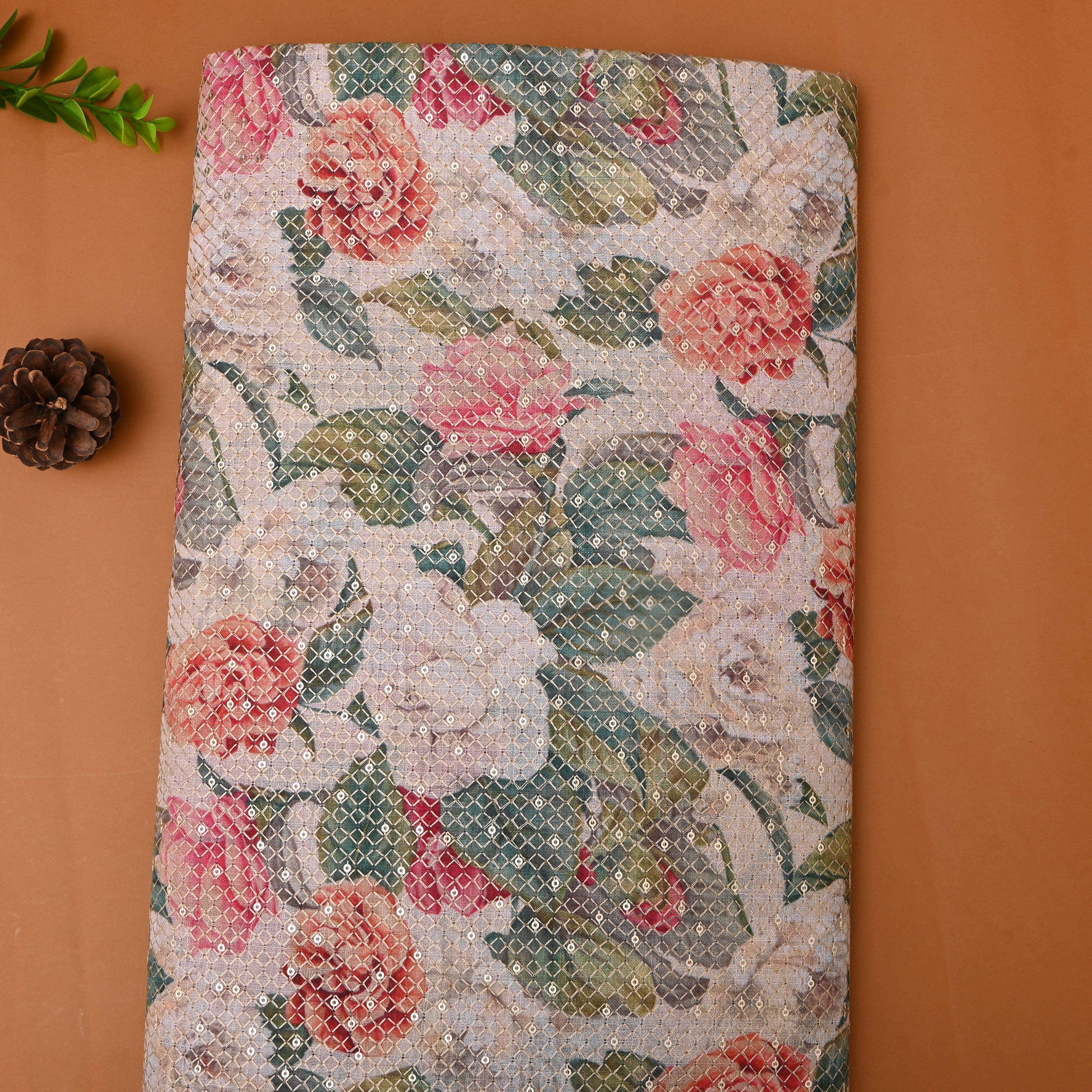 Off-White Sequin Thread Work Floral Linen Fabric